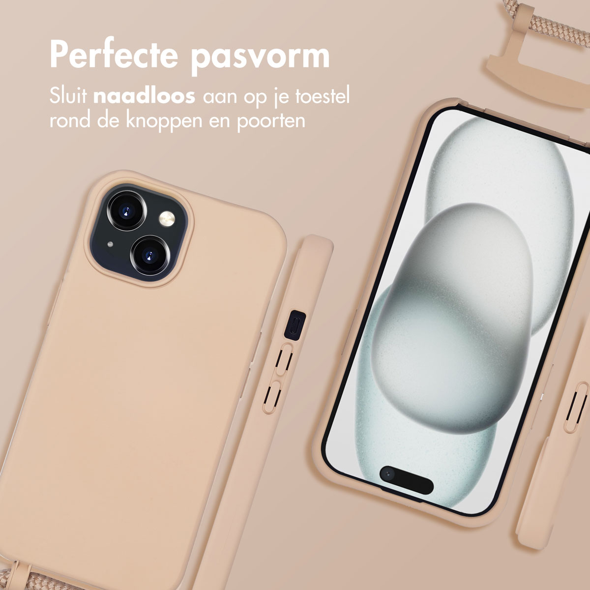 Beige Handyhülle auf einem Telefon, mit Text und einem Lanyard.