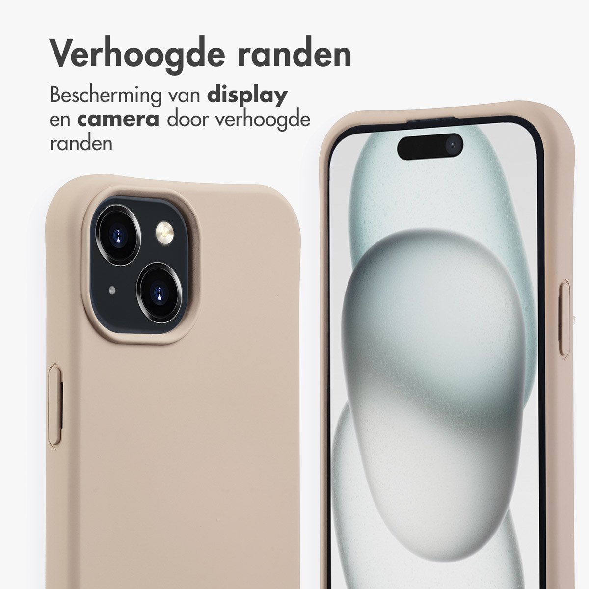 Eine hellbraune Handyhülle um ein Telefon mit eingeschaltetem Bildschirm. Die Hülle hat erhöhte Ränder.