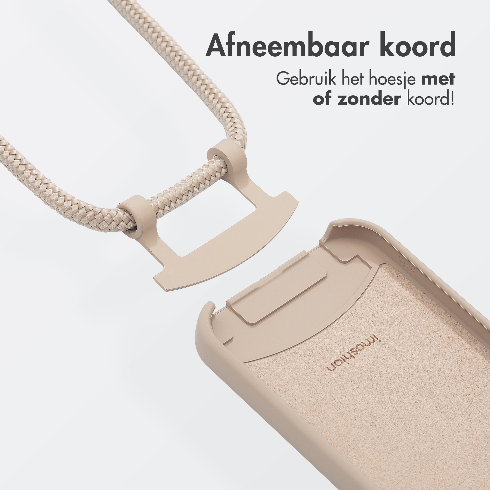 Eine Handyhülle und ein Lanyard. Das Lanyard ist beige und befestigt.