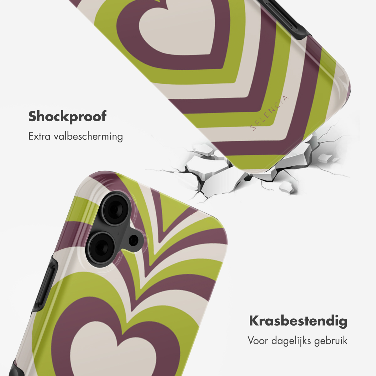 Custodia per telefono con un design a cuore verde e viola. La custodia è rotta. Il testo dice antiurto e antigraffio.