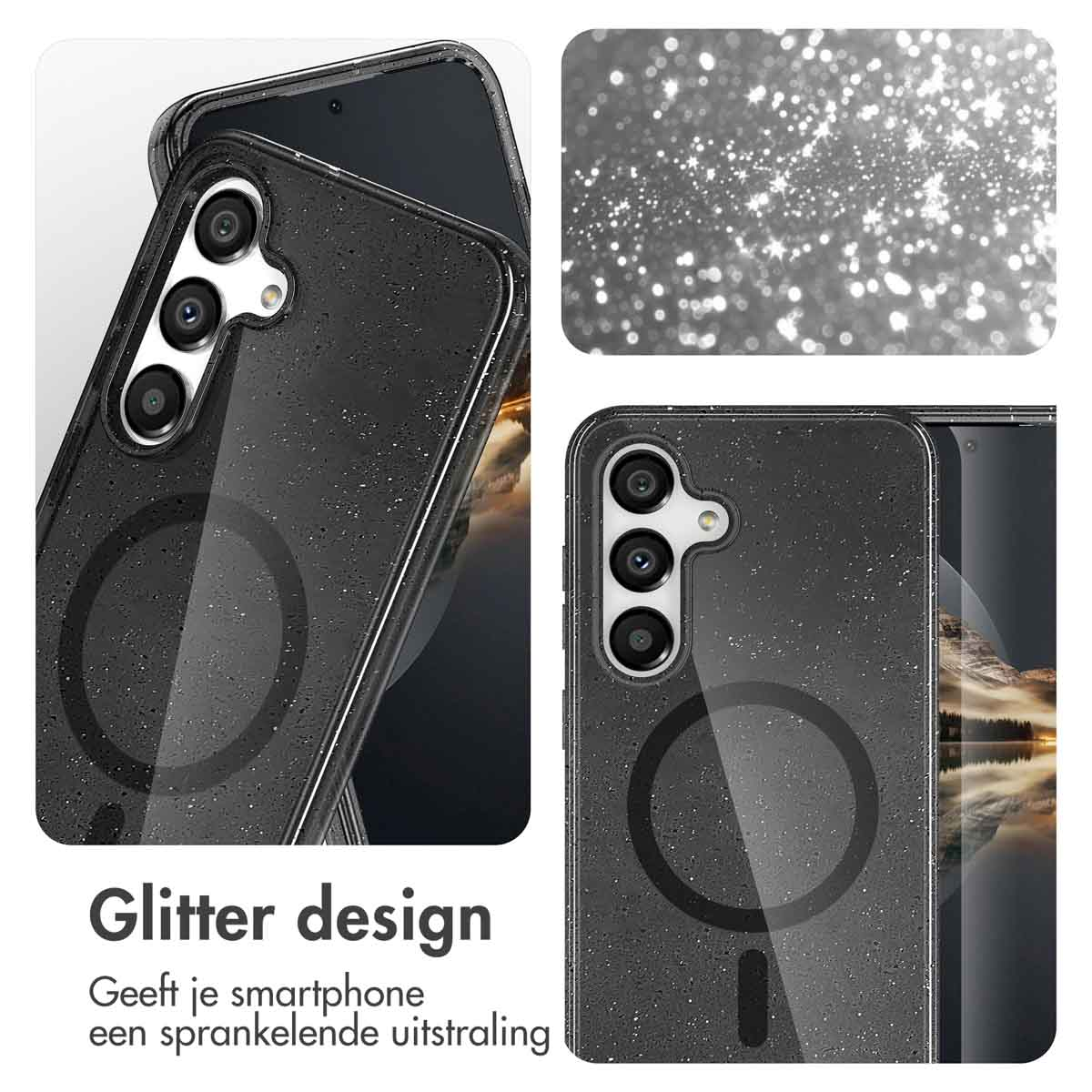 Zwarte telefoonhoes met glitterontwerp, glinstering en een heldere ring voor MagSafe opladen.
