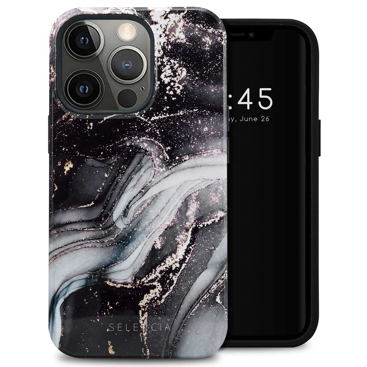 Une coque de téléphone avec un marbré noir et blanc à côté d'un téléphone noir, indiquant l'heure.