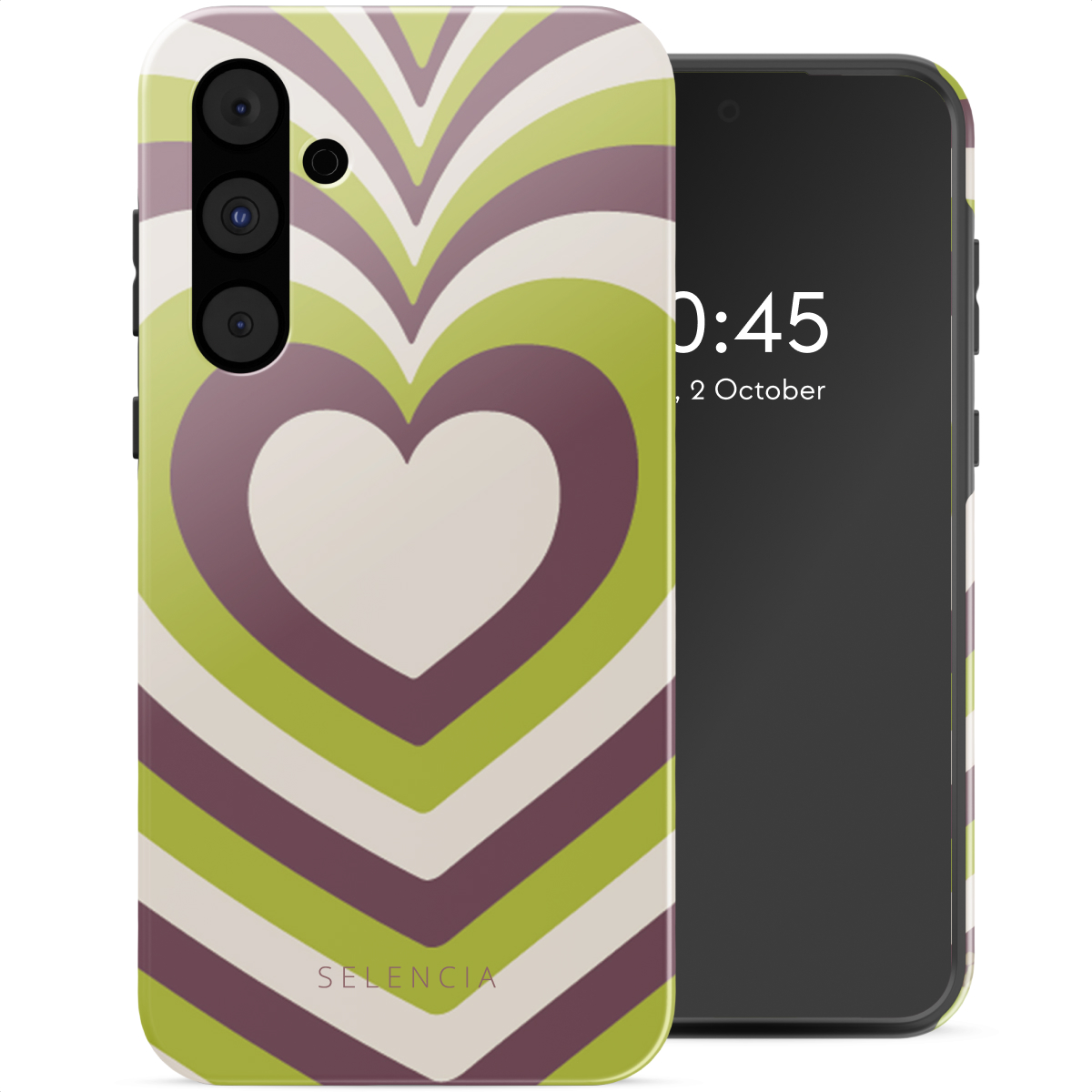 Telefoonhoesje met een hartpatroon in groen, wit en paars. Een telefoon zit in de hoes.