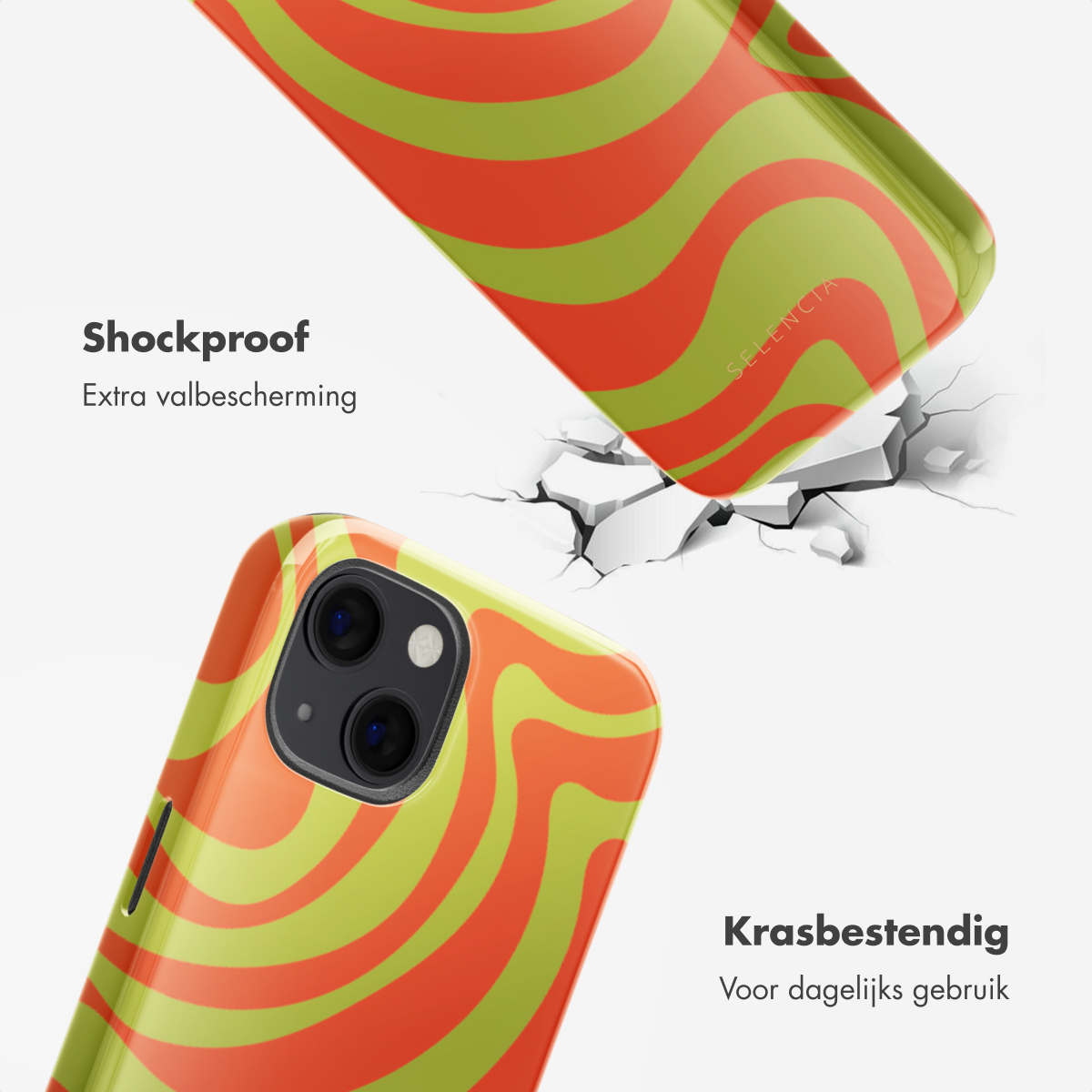 Coques de téléphone avec motif tourbillon vert et orange. Texte sur la résistance.