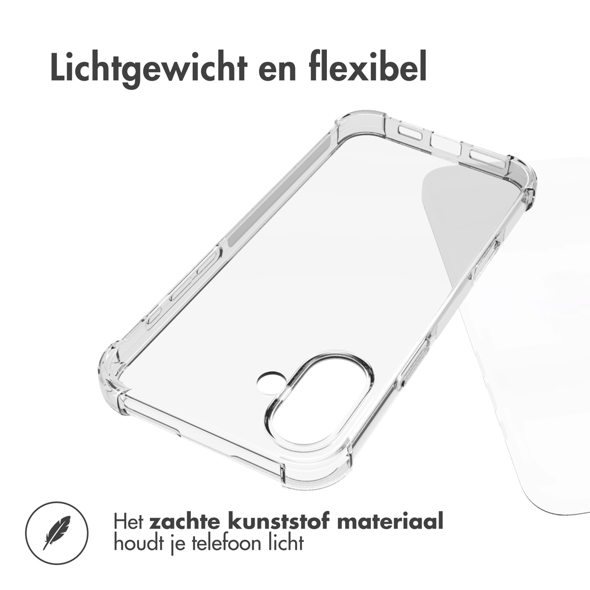 Custodia trasparente per telefono. Il testo dice, 'Leggera e flessibile' e 'Il materiale plastico morbido mantiene il telefono leggero'.