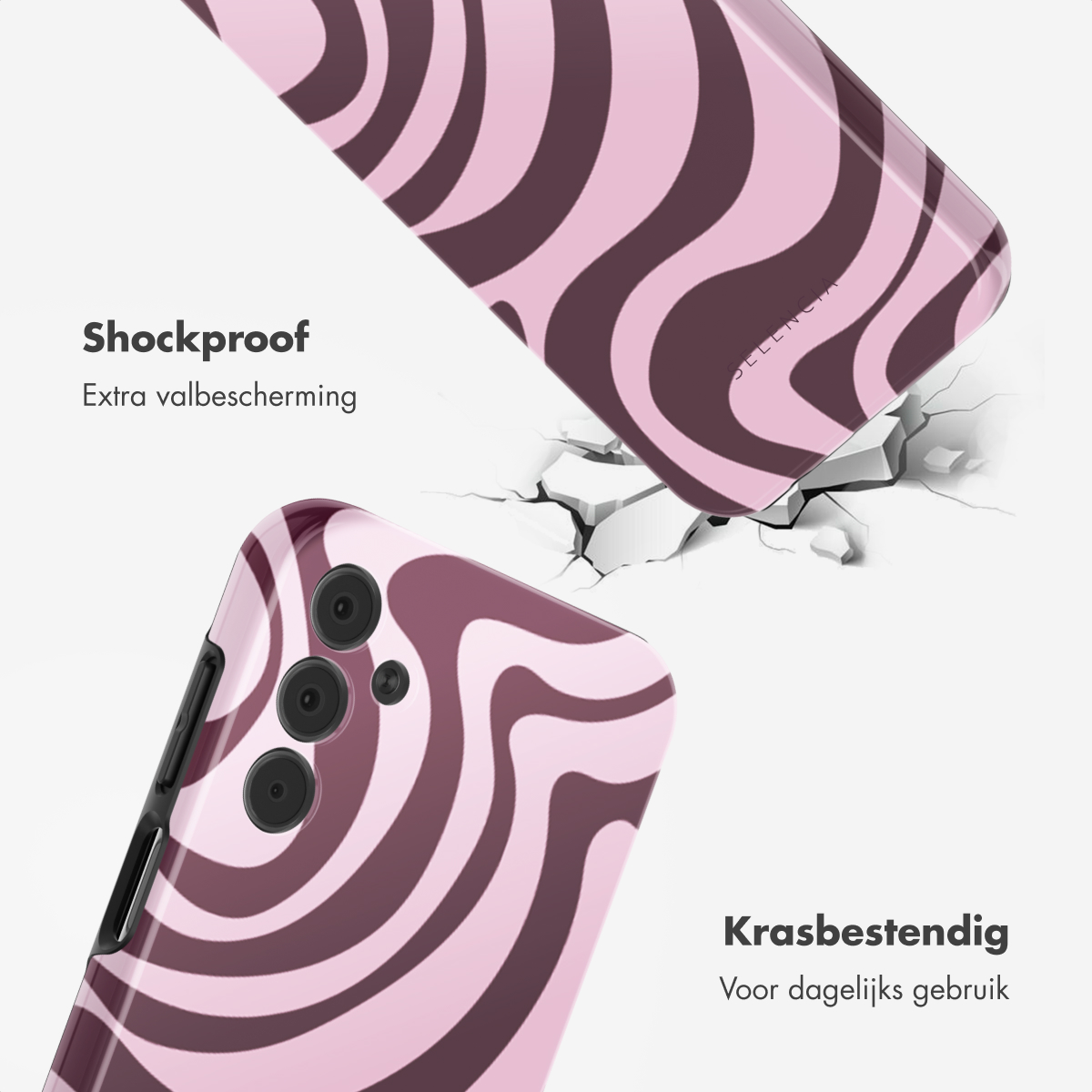 Roze en bruine zebrapatroon telefoonhoes. De hoes is verbrijzeld, met tekst over bescherming.