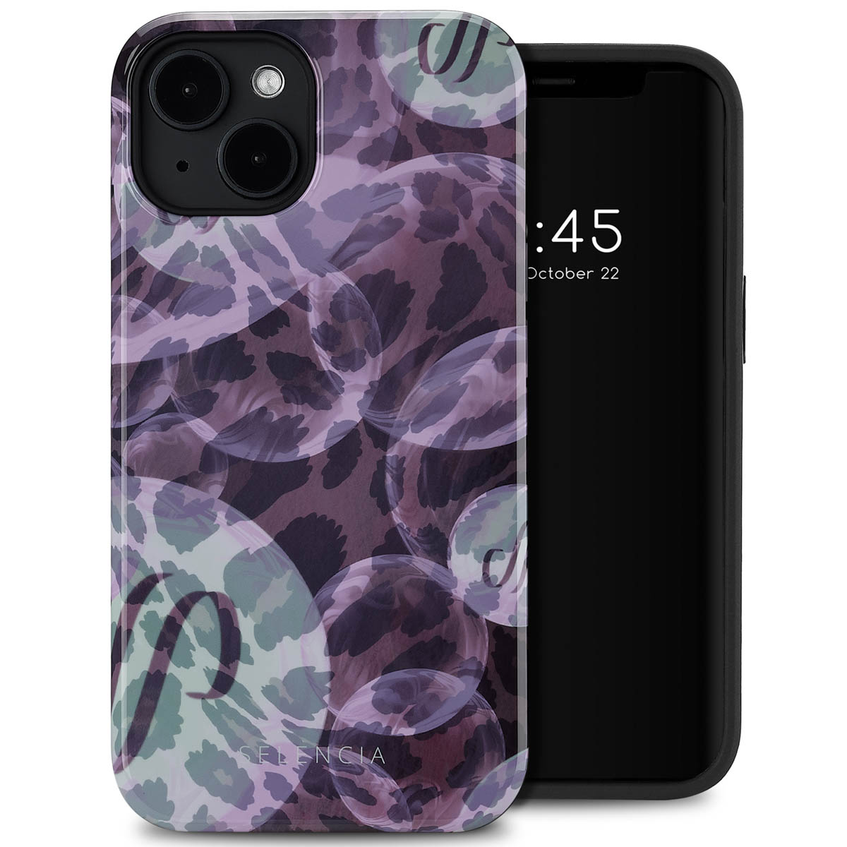 Telefoon met een luipaardprint hoesje. Het telefoonscherm toont een witte achtergrond met een tijd.