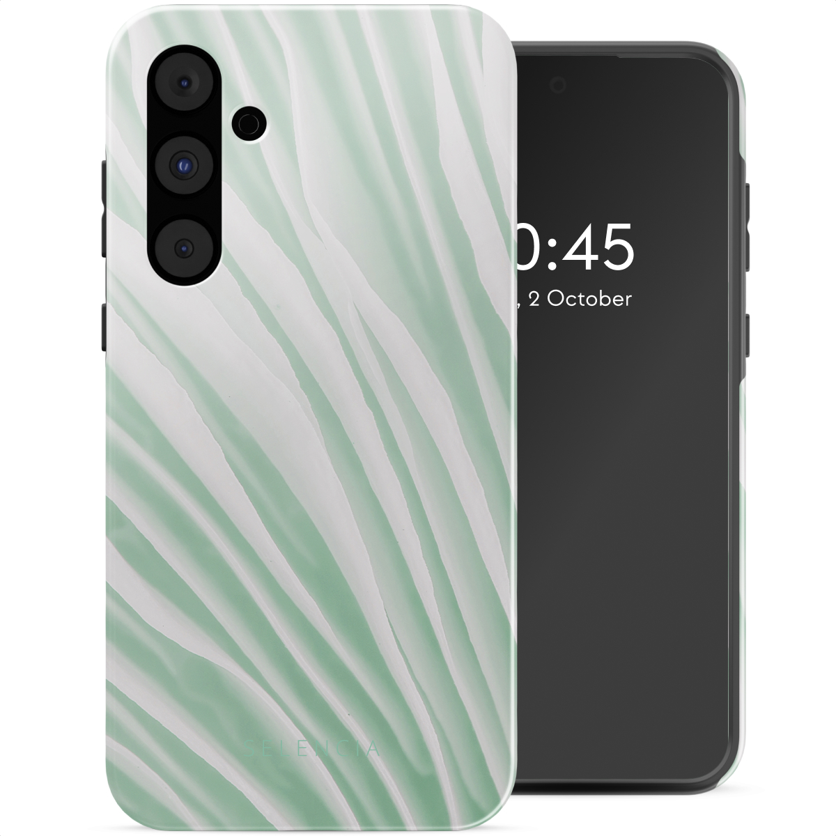 Coque de téléphone, blanche avec motif vagues vert menthe. Téléphone noir, objectifs de caméra visibles.