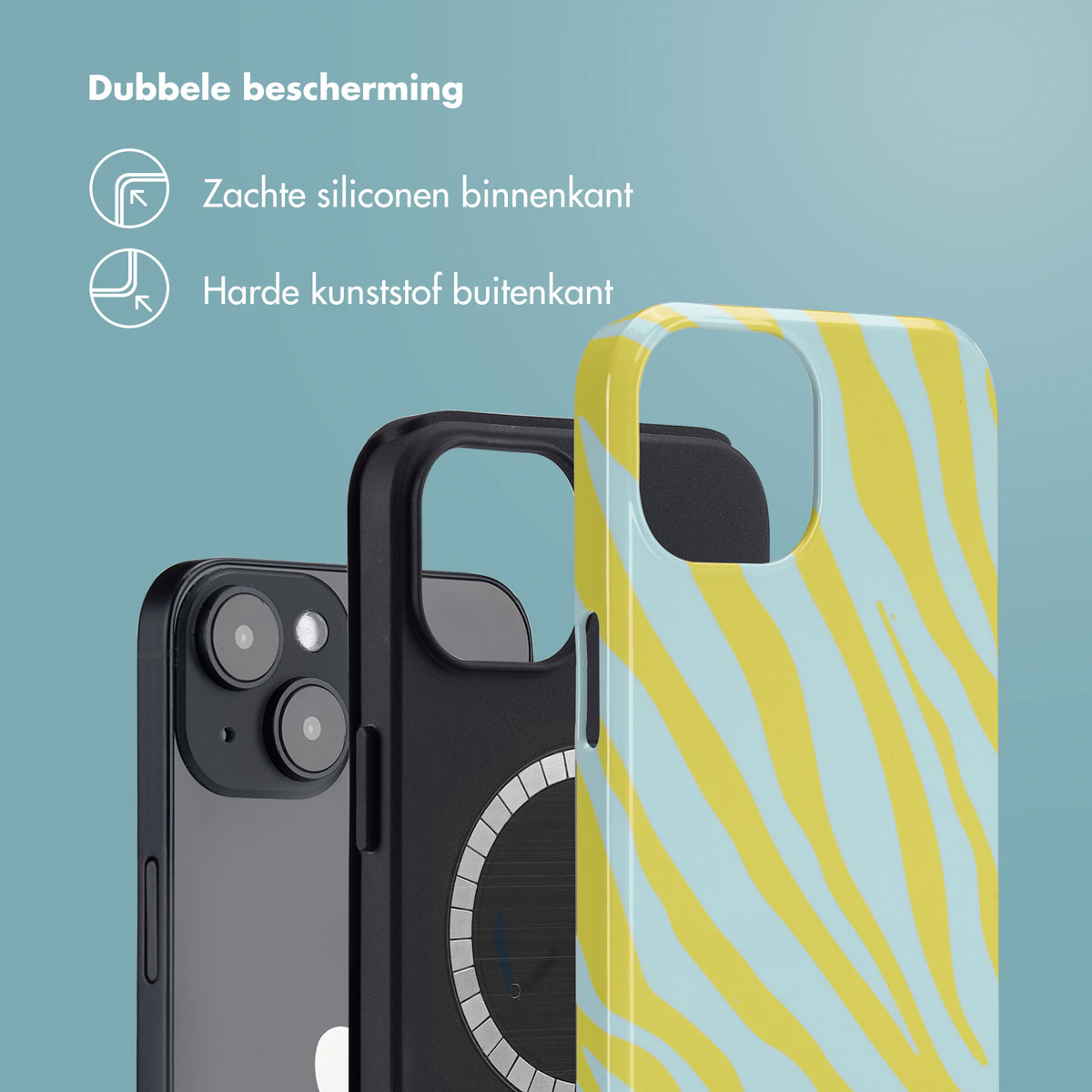 Telefoonhoesjes. Zwarte telefoon met twee hoesjes. Eén is zwart, en één heeft een blauw en geel zebrapatroon.