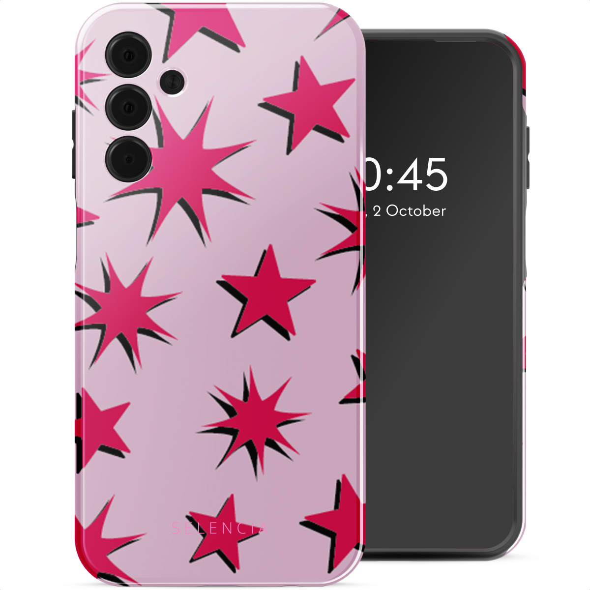 Telefoon met een roze sterrenpatroonhoesje. Het scherm van de telefoon staat aan en toont de tijd. Witte achtergrond.