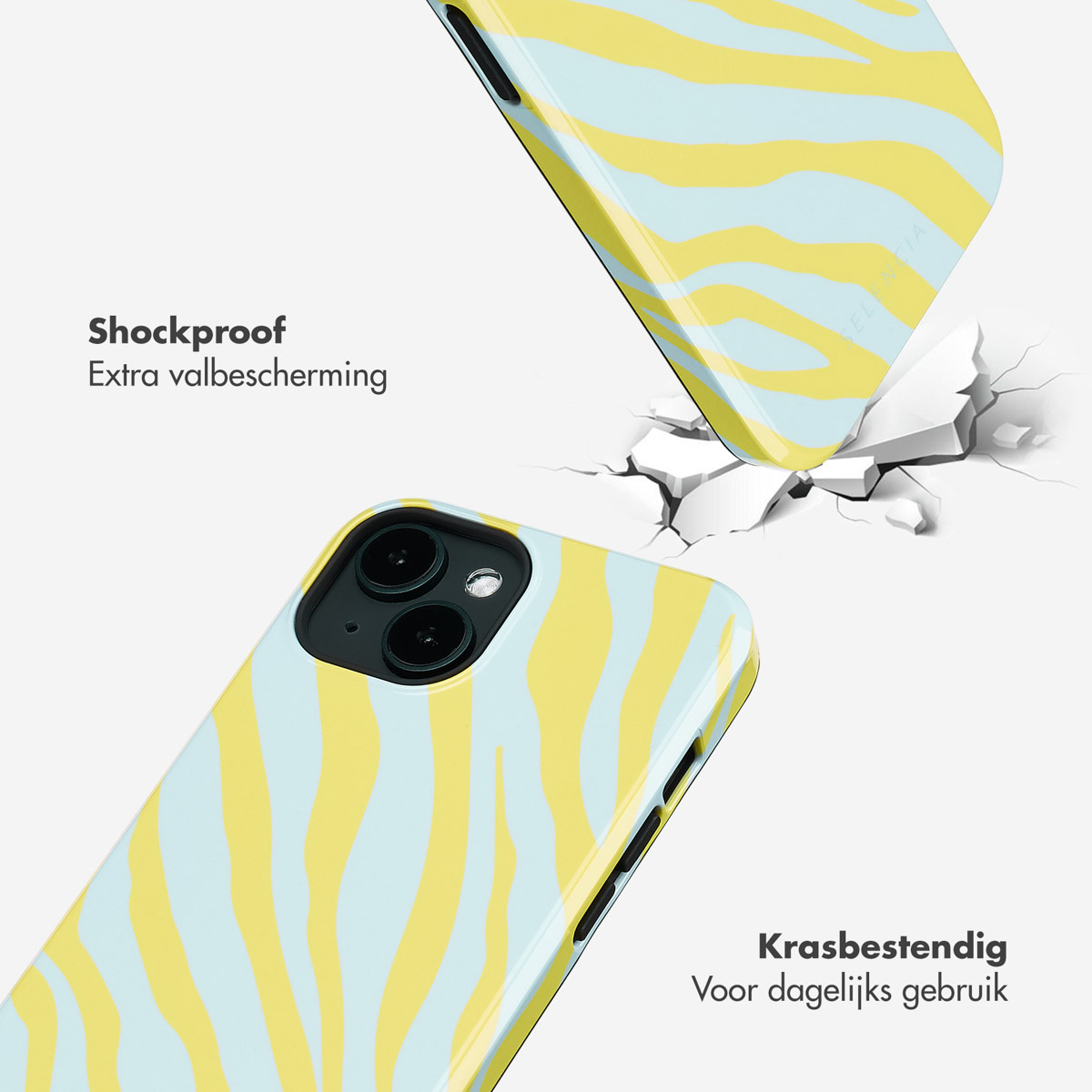 Twee telefoonhoesjes, één vallend en één op de grond. Ze hebben een geel en blauw zebrapatroon.