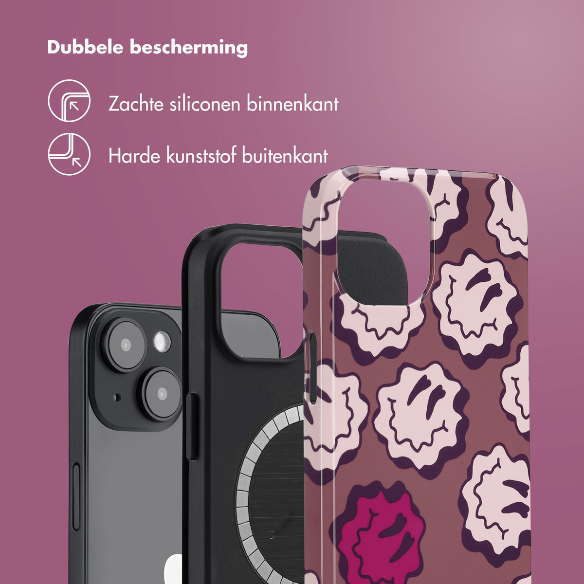 Telefoonhoes met dubbel beschermingsontwerp. Een zwarte telefoonhoes met een kleurrijk ontwerp.