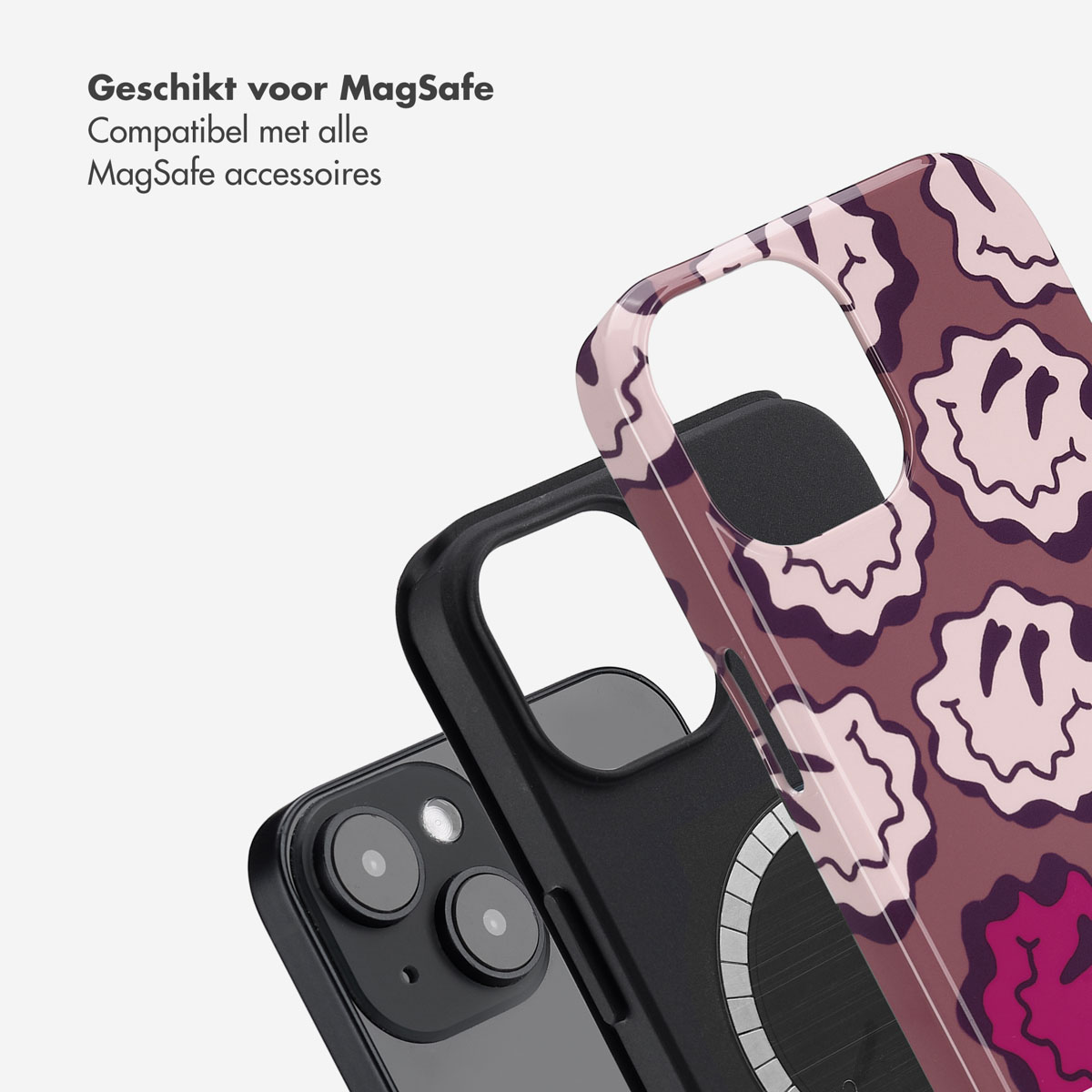 Telefoonhoesje met een smiley-patroon. De hoes is compatibel met MagSafe-accessoires.