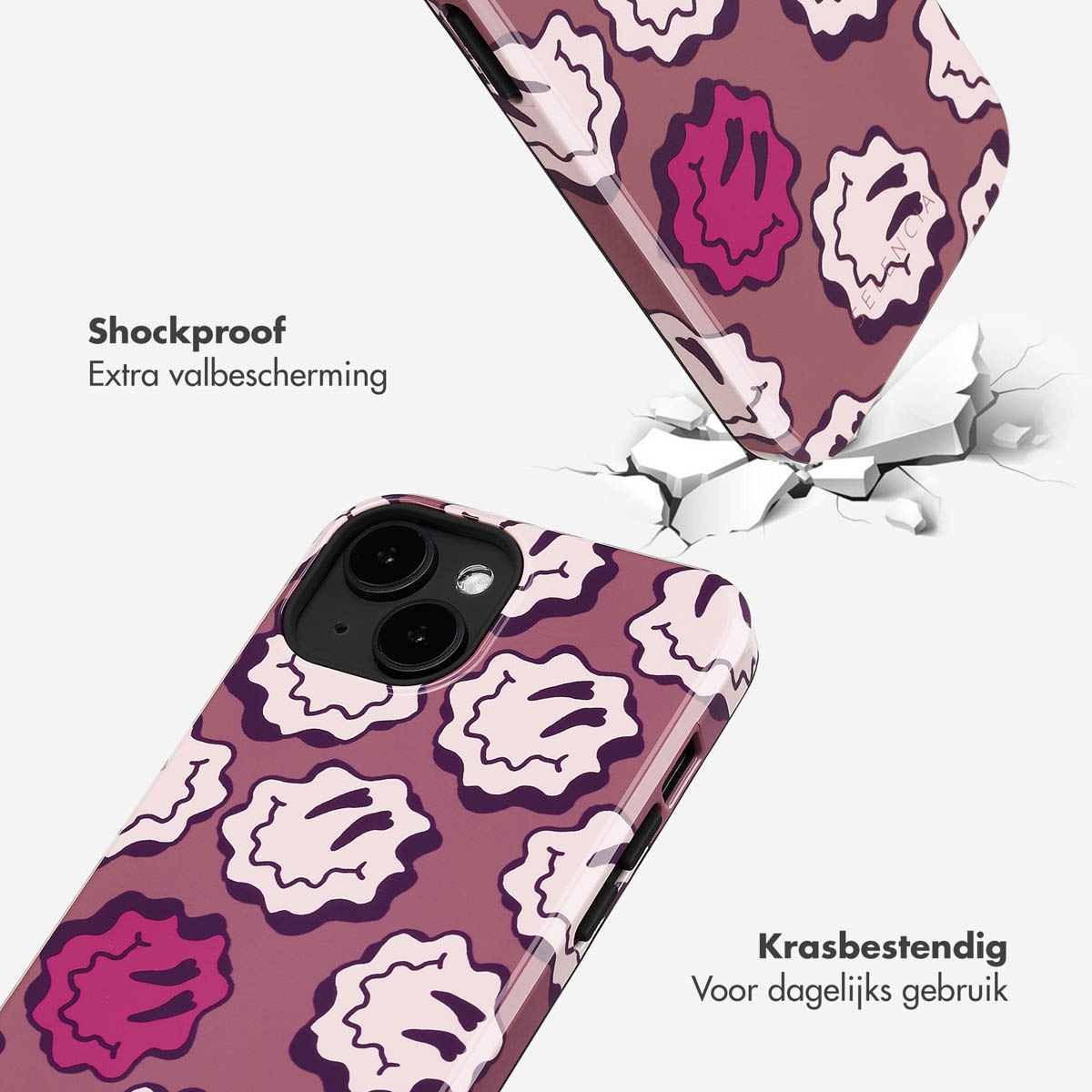 Twee telefoonhoesjes, één valt, tonen een patroon op een mauve achtergrond. Er verschijnen scheuren.