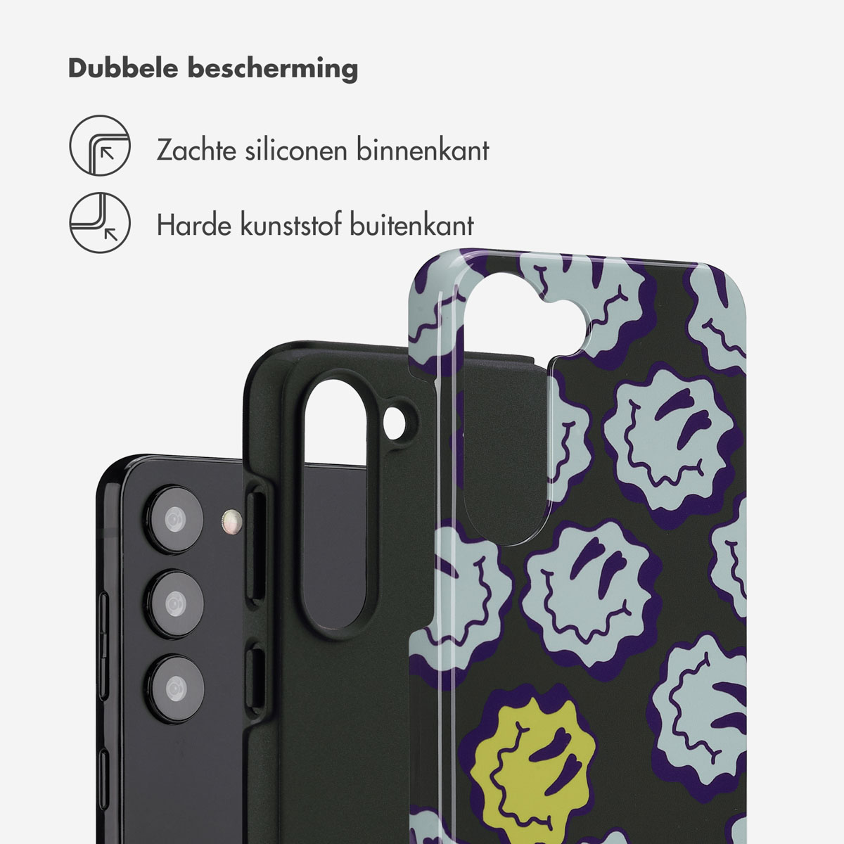 Schwarzes Telefon mit Hülle. Die Hülle hat ein Muster aus lächelnden Gesichtern. Weißer Hintergrund.