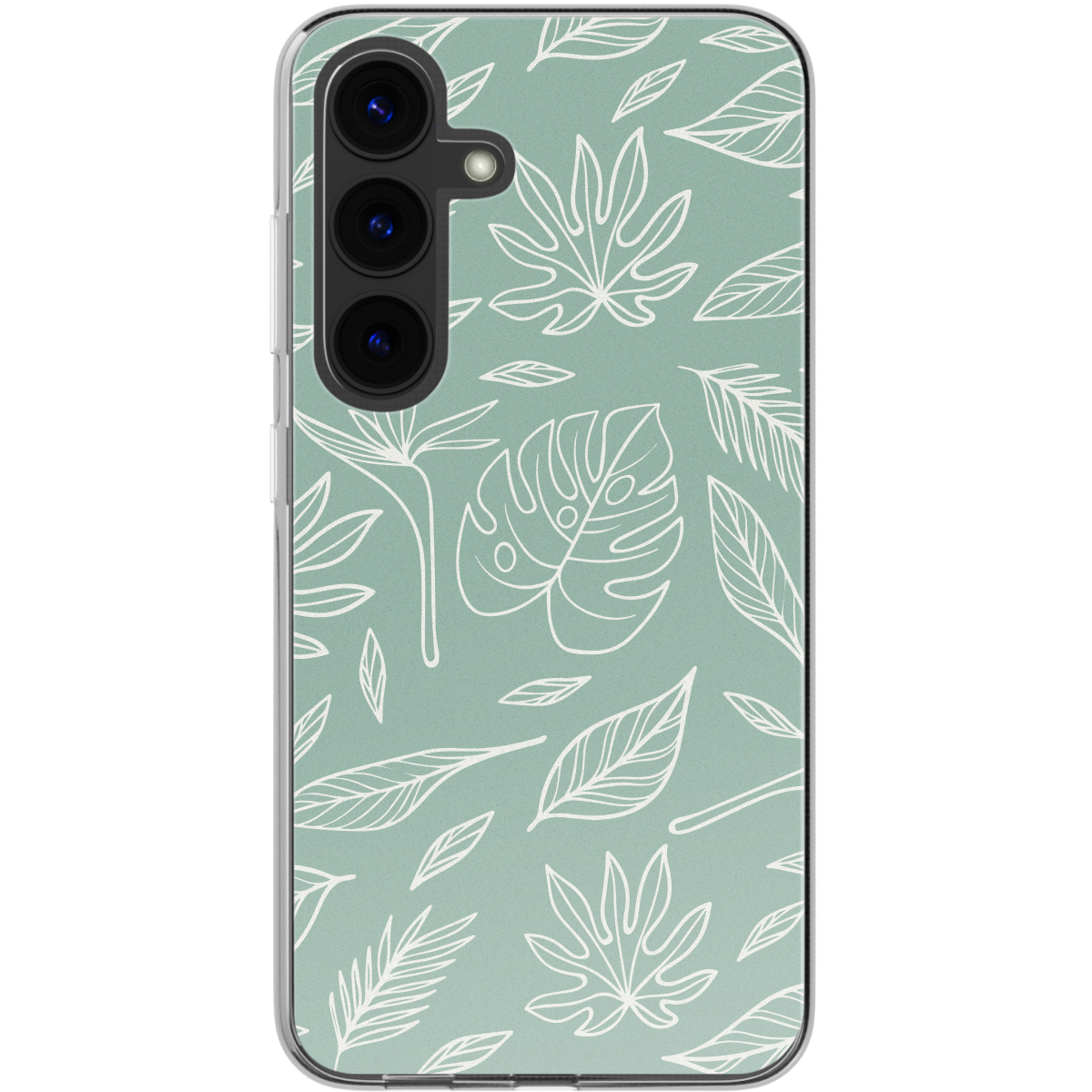 Coque de téléphone vert clair avec motifs de feuilles blanches. Comprend une caméra et repose sur une surface blanche.