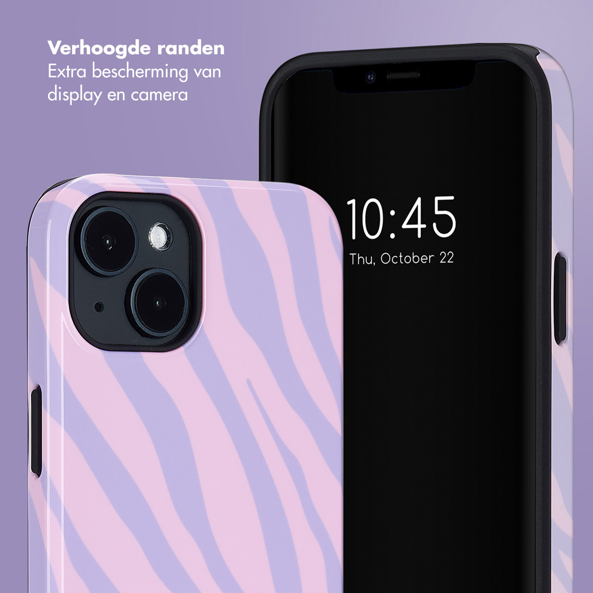 Roze zebra telefoonhoesje met een zwarte telefoon erin. Telefoon toont tijd. Tekst: 'Verhoogde randen'.