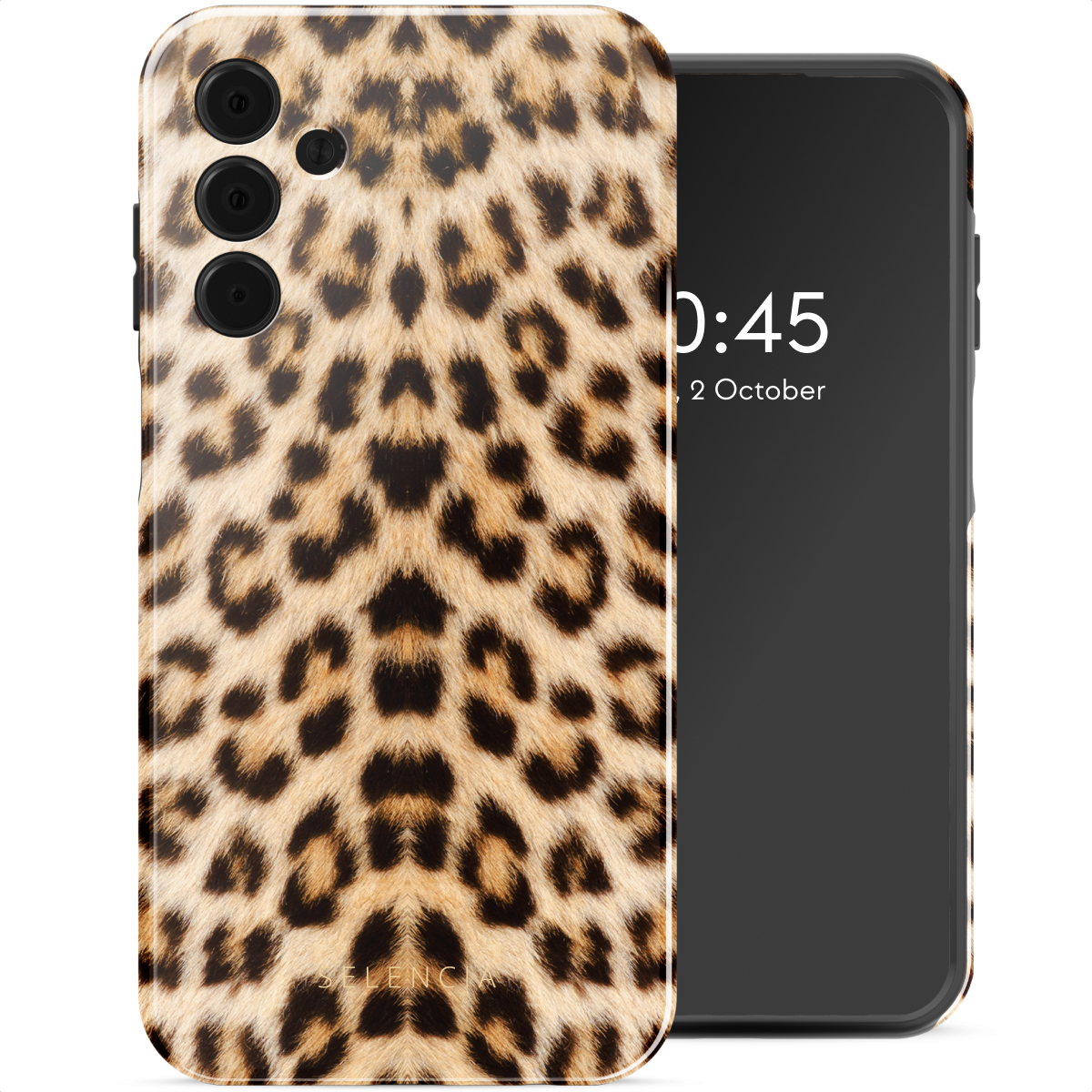 Telefoonhoesje met een luipaardprint en een telefoon. De telefoon toont de tijd.