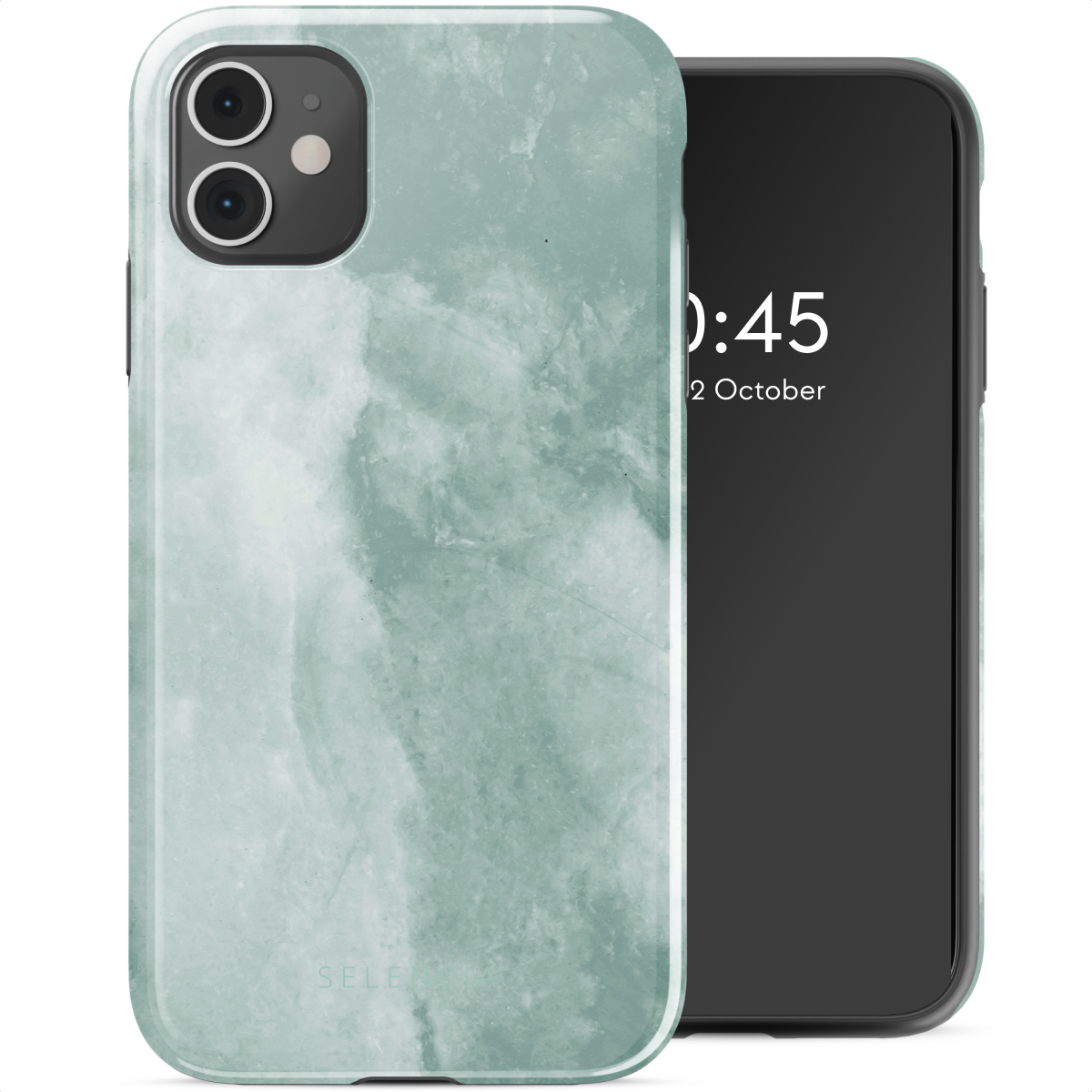 iPhone con custodia in marmo verde. Mostra ora e data. Custodia con motivo marmoreo.