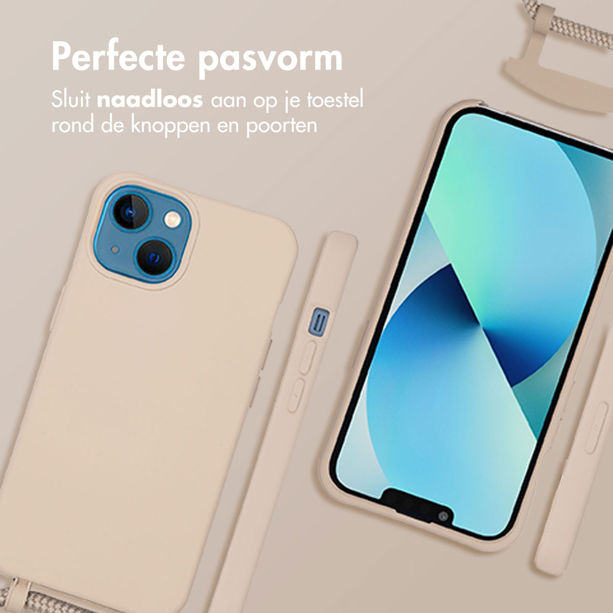 Een telefoon in een beige hoesje, met een koord. De hoes past nauwsluitend rond de knoppen en poorten.