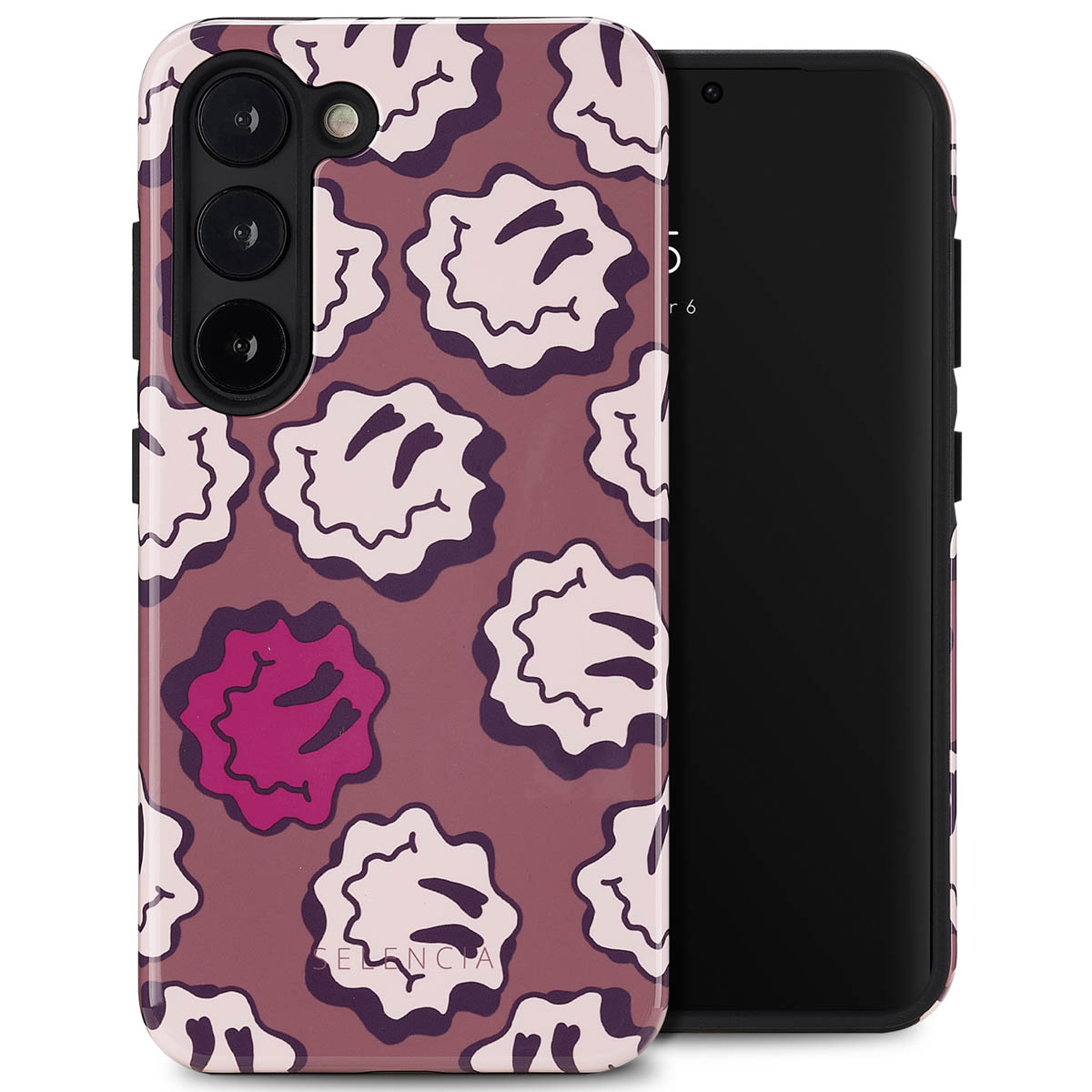 Coque de téléphone avec un motif de visages souriants. Le fond est de couleur mauve.