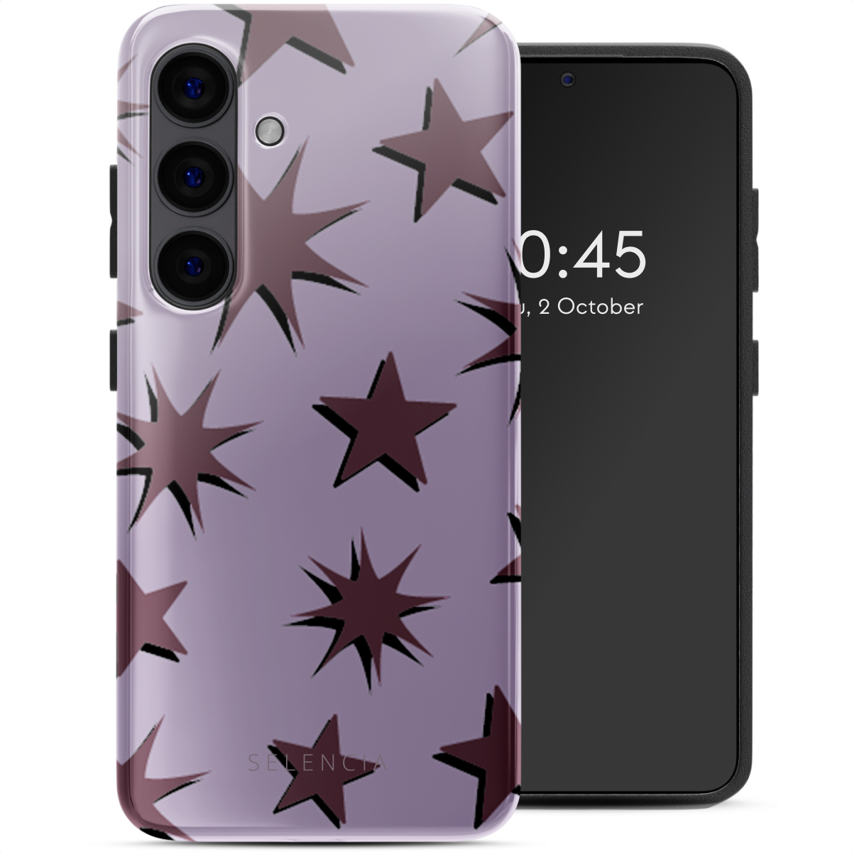 Een smartphone in een hoesje met een sterrenpatroon en een display met tijd en datum.