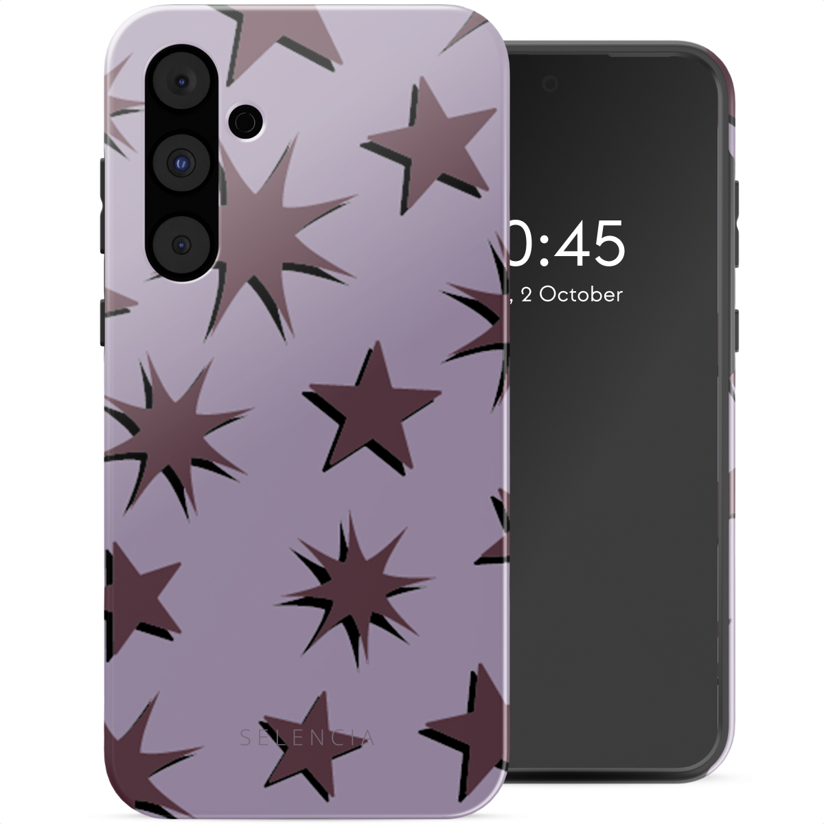Telefoon met een sterrenpatroon hoesje en een zwarte rand. Het scherm toont een klok.