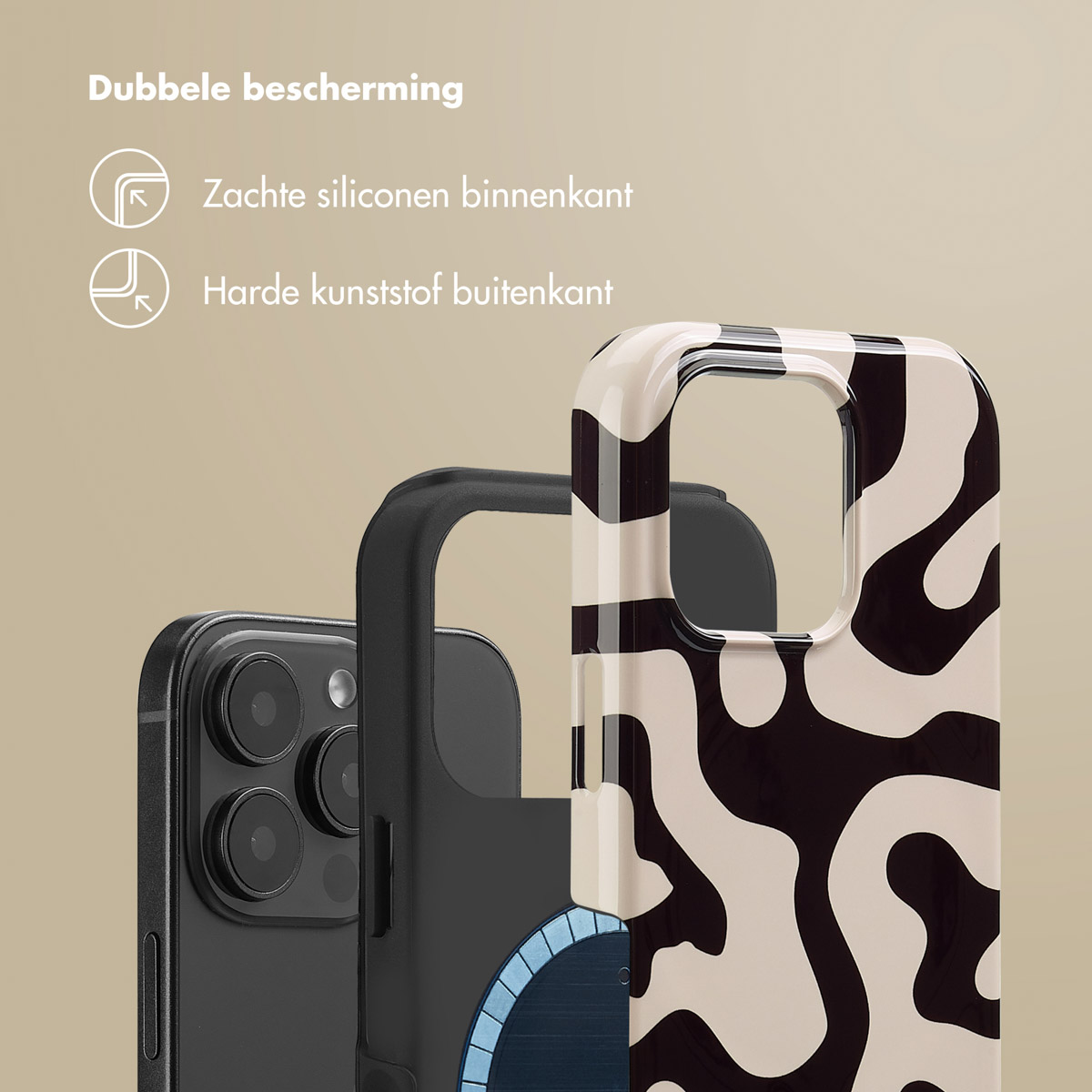 Telefoonhoesje met lagen. Tekst: Dubbele bescherming, met zachte siliconen binnenkant.