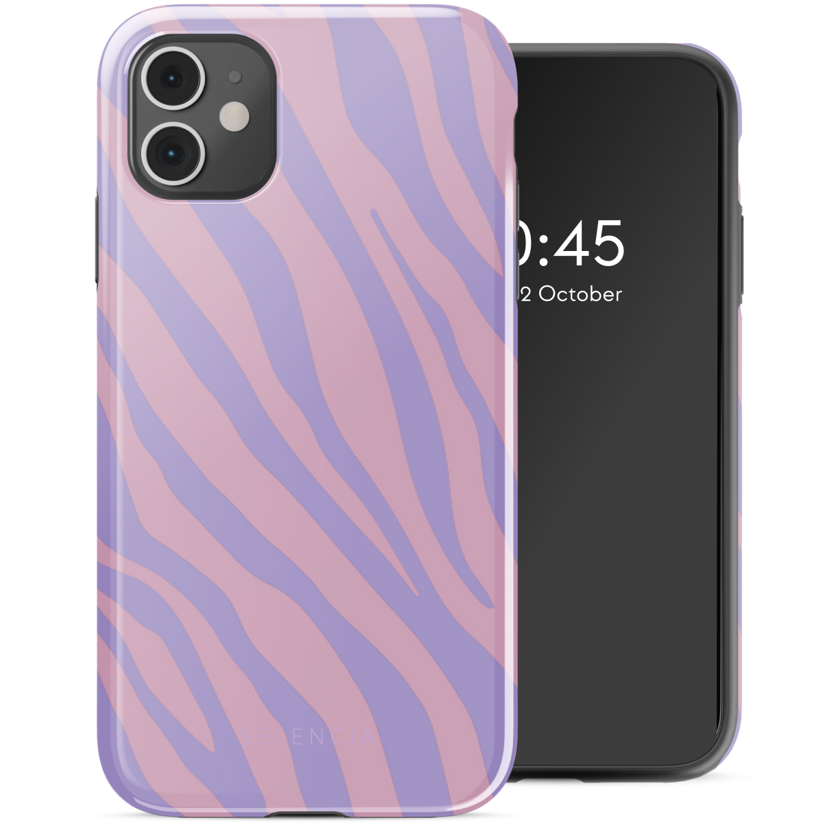 Custodia per telefono con un motivo a stampa zebrata viola e rosa. Il telefono è visibile.