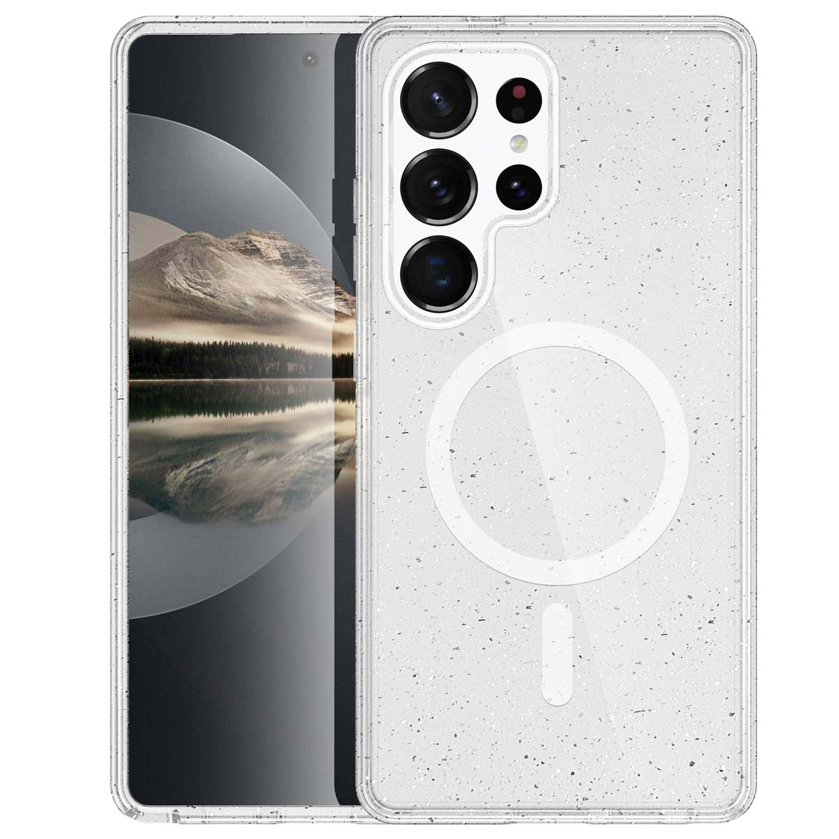 Een doorzichtig telefoonhoesje met een stippenpatroon. Een telefoon staat op de achtergrond.