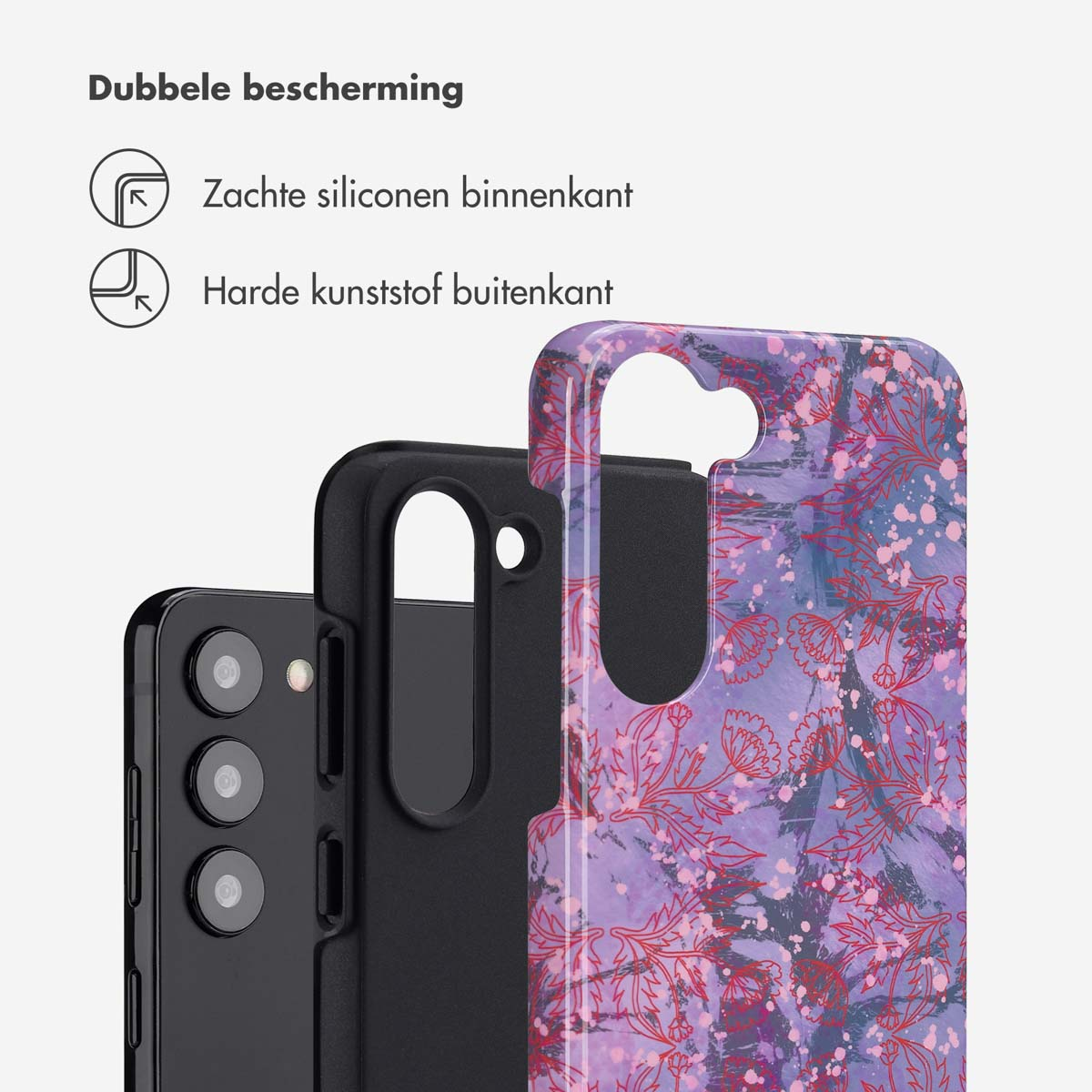 Un téléphone avec une coque, avec un motif floral. La coque a un intérieur doux et un extérieur dur.