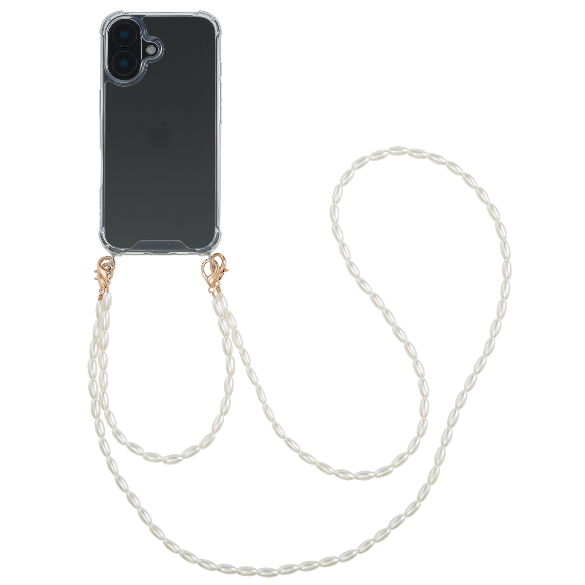 Une coque de téléphone transparente avec un collier de perles attaché. Le téléphone est noir avec des fermoirs dorés.