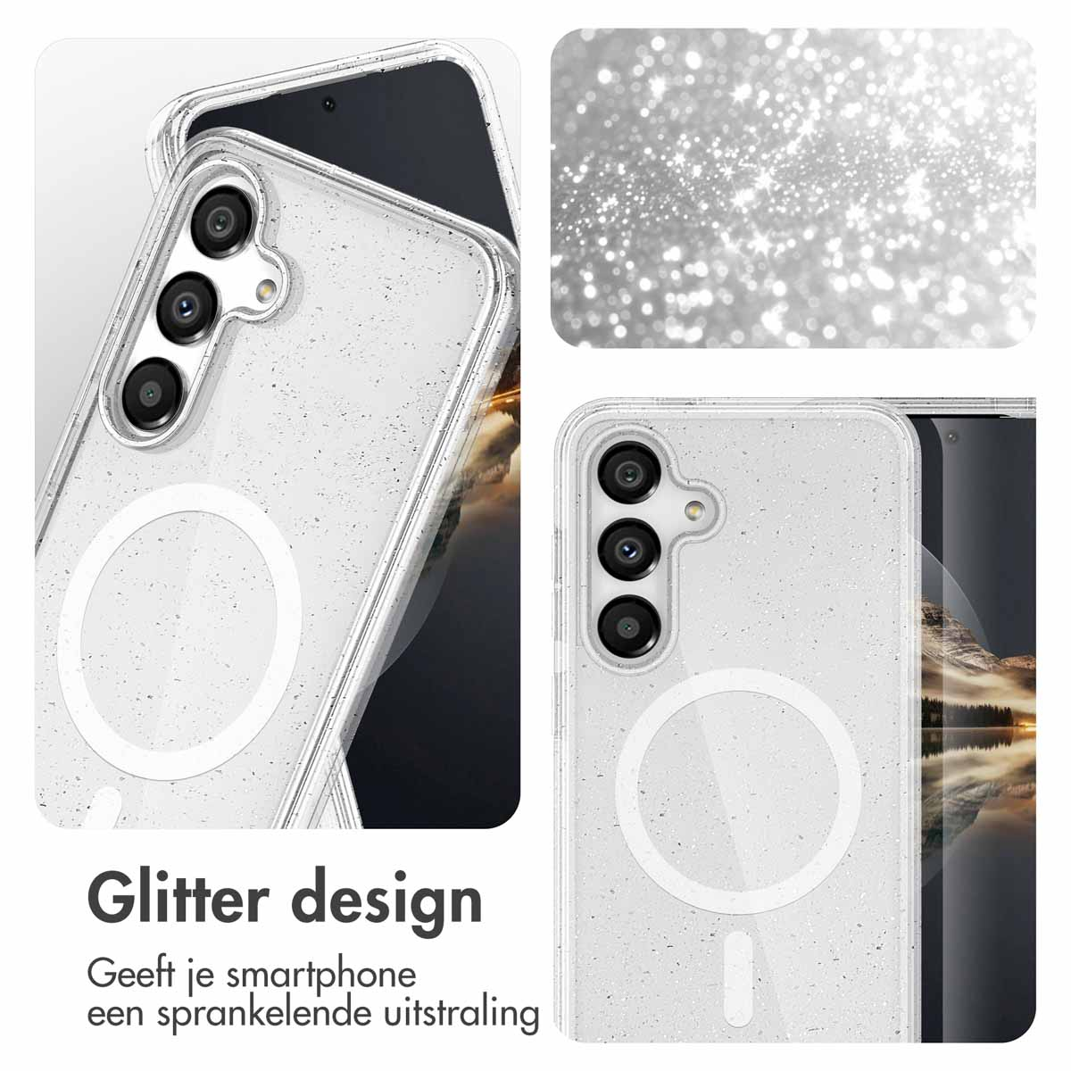 Close-up van telefoonhoesjes. Eén toont een telefoon met een glitterontwerp en een MagSafe-cirkel.