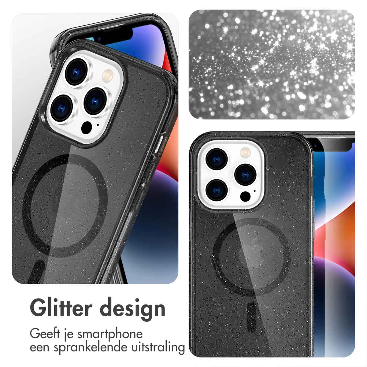 Glitter telefoonhoesje in display, met een doorzichtige achterkant en zwart frame.