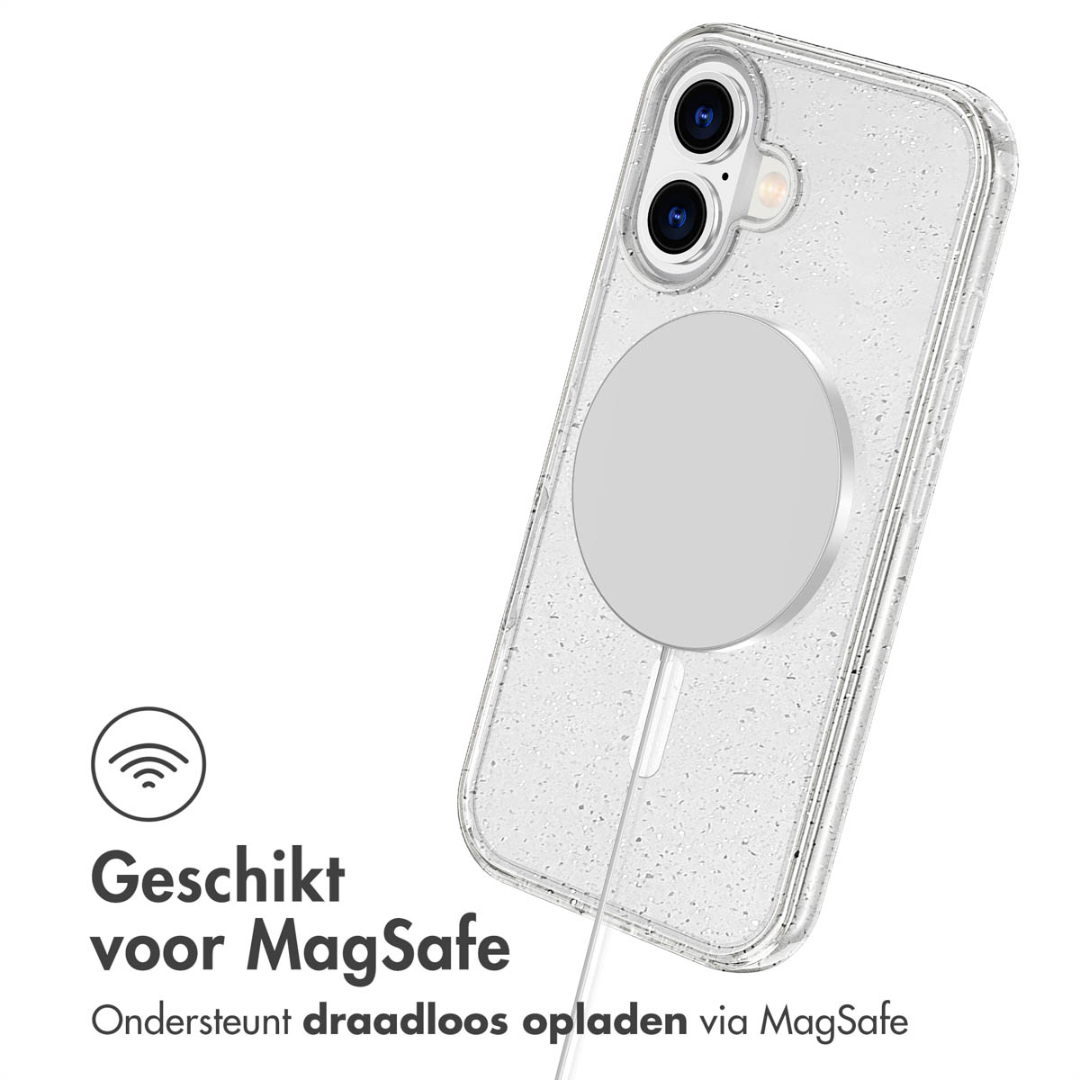 Telefoon met een doorzichtige hoes, een witte MagSafe-oplader is aangesloten. Tekst: Geschikt voor MagSafe, ondersteunt draadloos opladen.