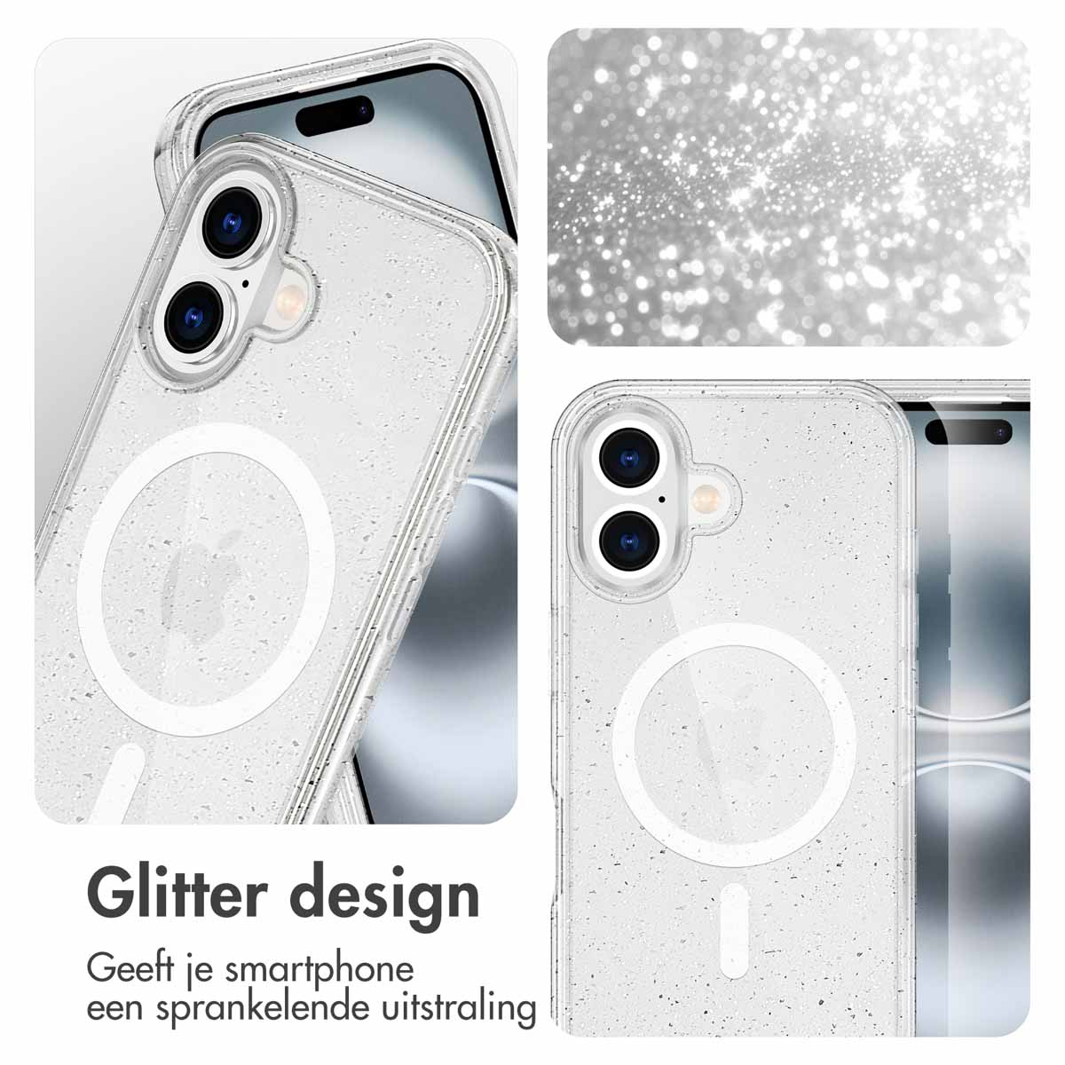 Twee telefoons met doorzichtige glitterhoesjes, met een glittereffect op de achtergrond.