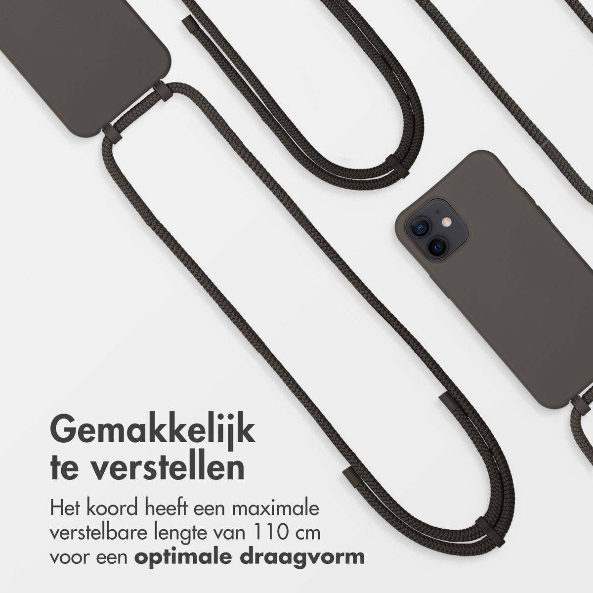 Een telefoonhoesje met een bruin koord. Het koord is verstelbaar, met een telefoon in een bruin hoesje.