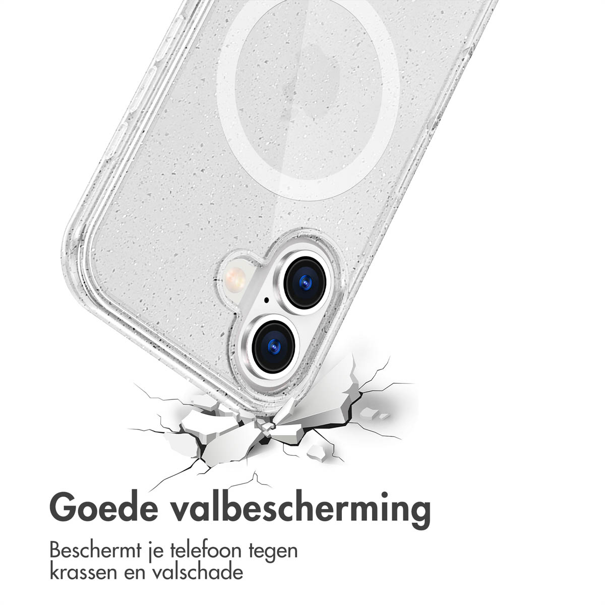 Een telefoonhoesje op een telefoon, dat een oppervlak breekt. Tekst zegt 'Goede valbescherming'. De hoes is transparant.