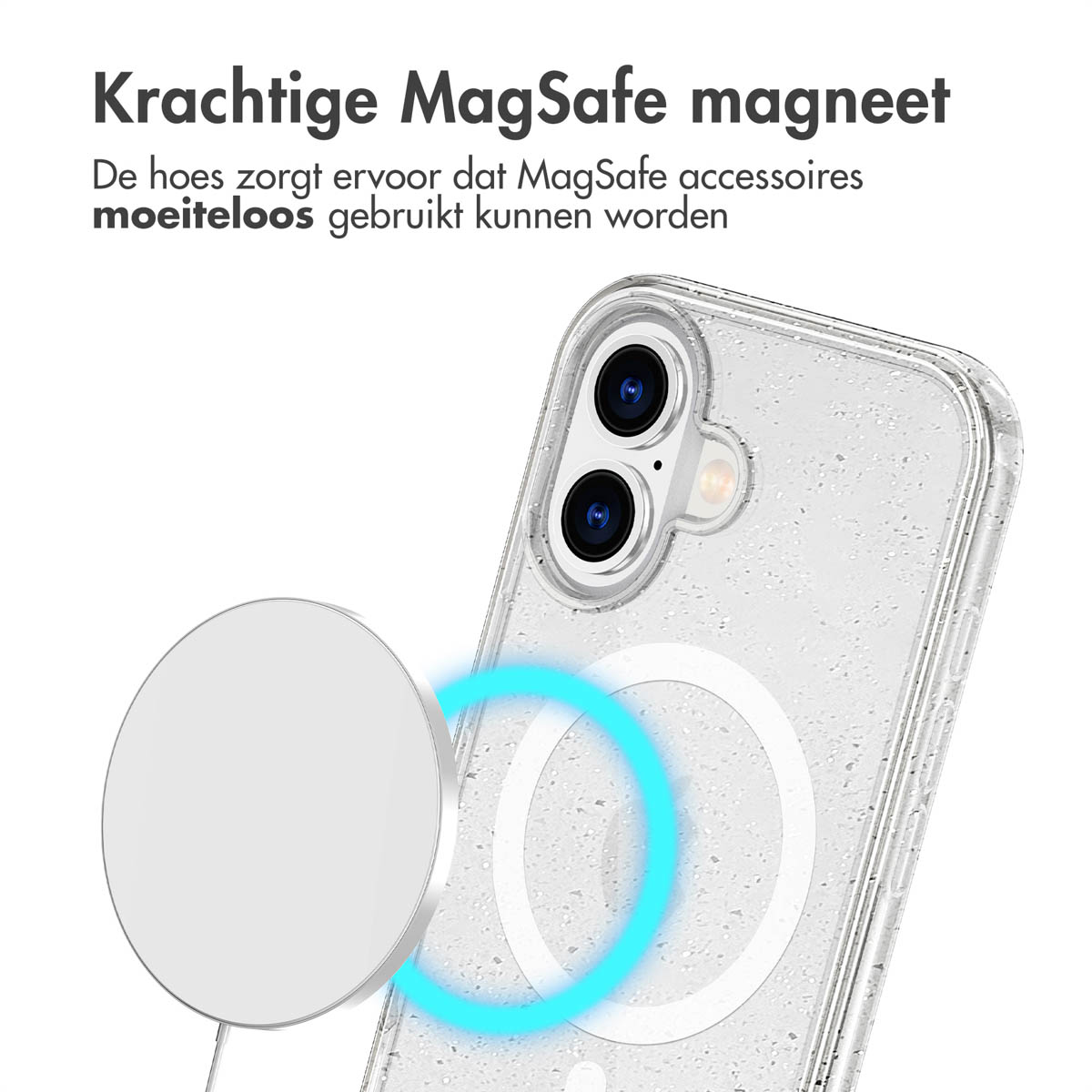Een telefoon in een doorzichtige hoes met een oplaadaccessoire. Het accessoire is wit.