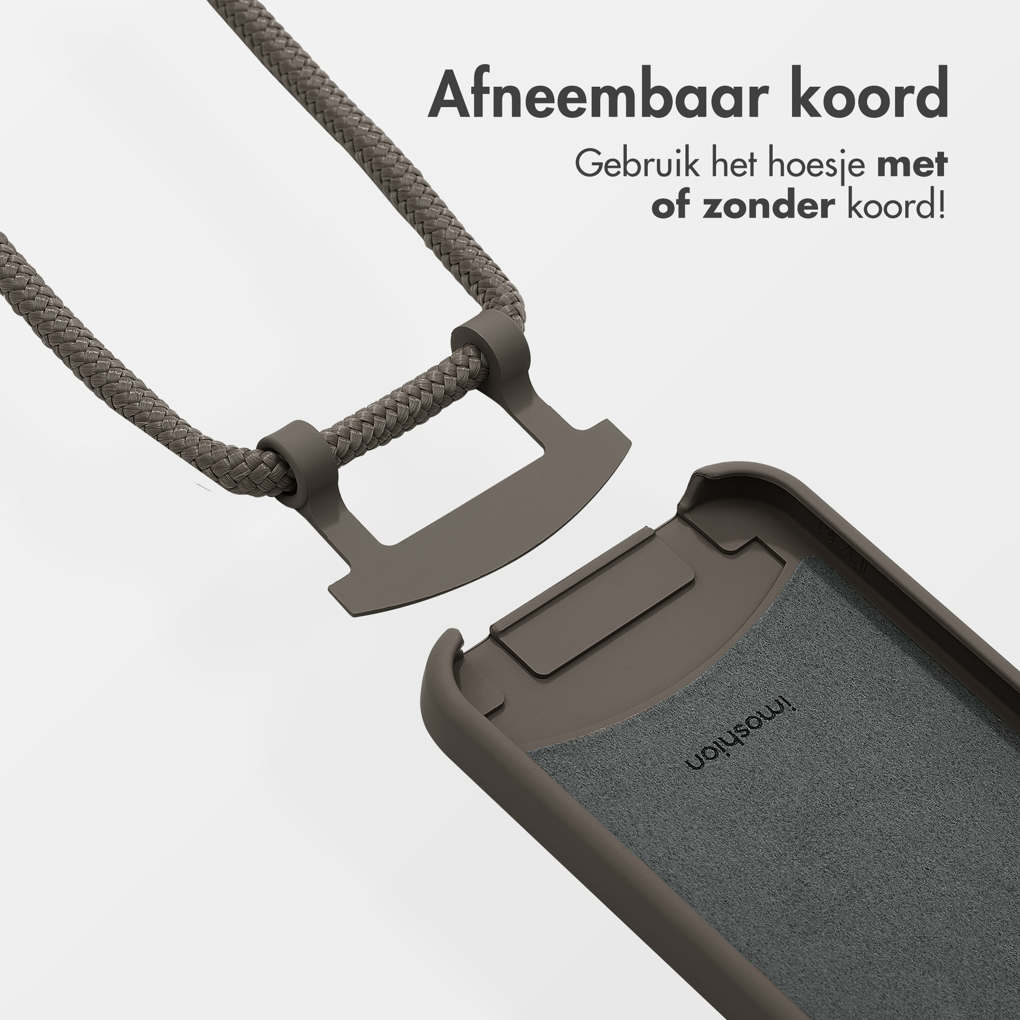 Handyhülle mit abnehmbarer Kordel, die Kordel und Hülle mit Haken zeigt.