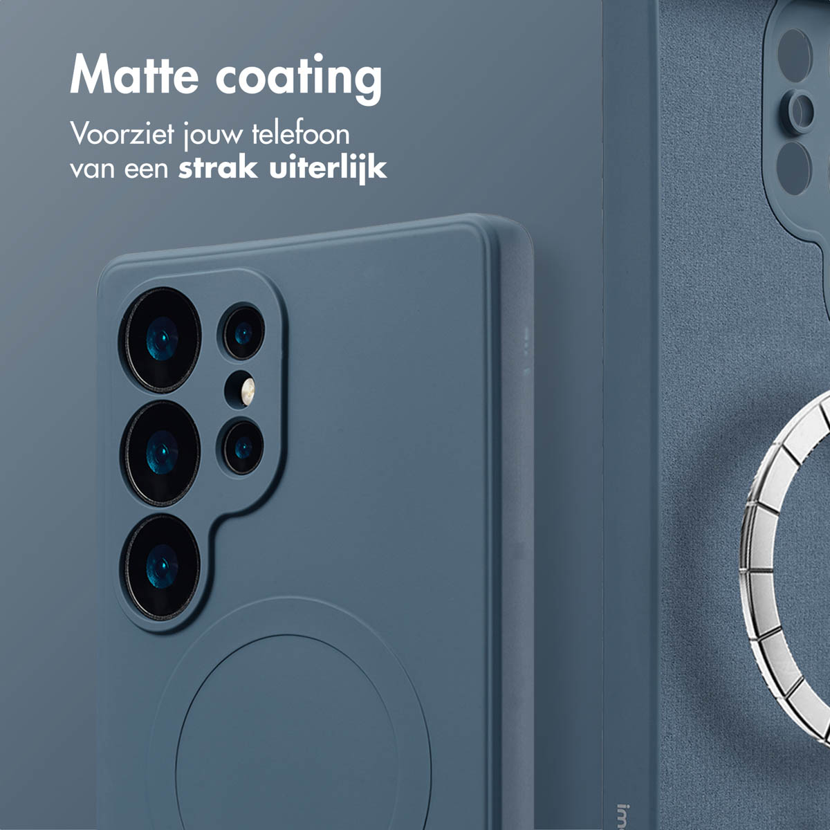 Close-up van een blauw telefoonhoesje met een matte afwerking en een ringhouder.