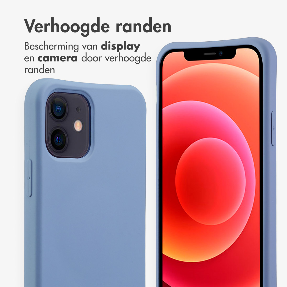 Blauwe telefoonhoes links, met een telefoon met een rood-roze scherm rechts.