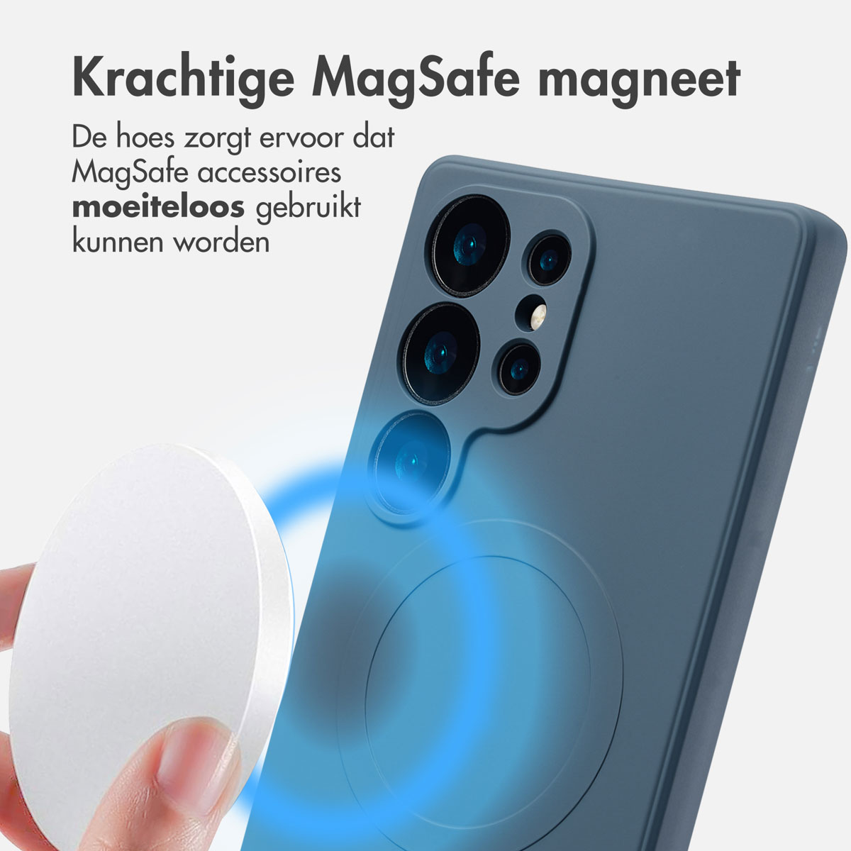 Een blauwe telefoonhoes met een witte magnetische cirkel. Een wit MagSafe-accessoire ernaast.