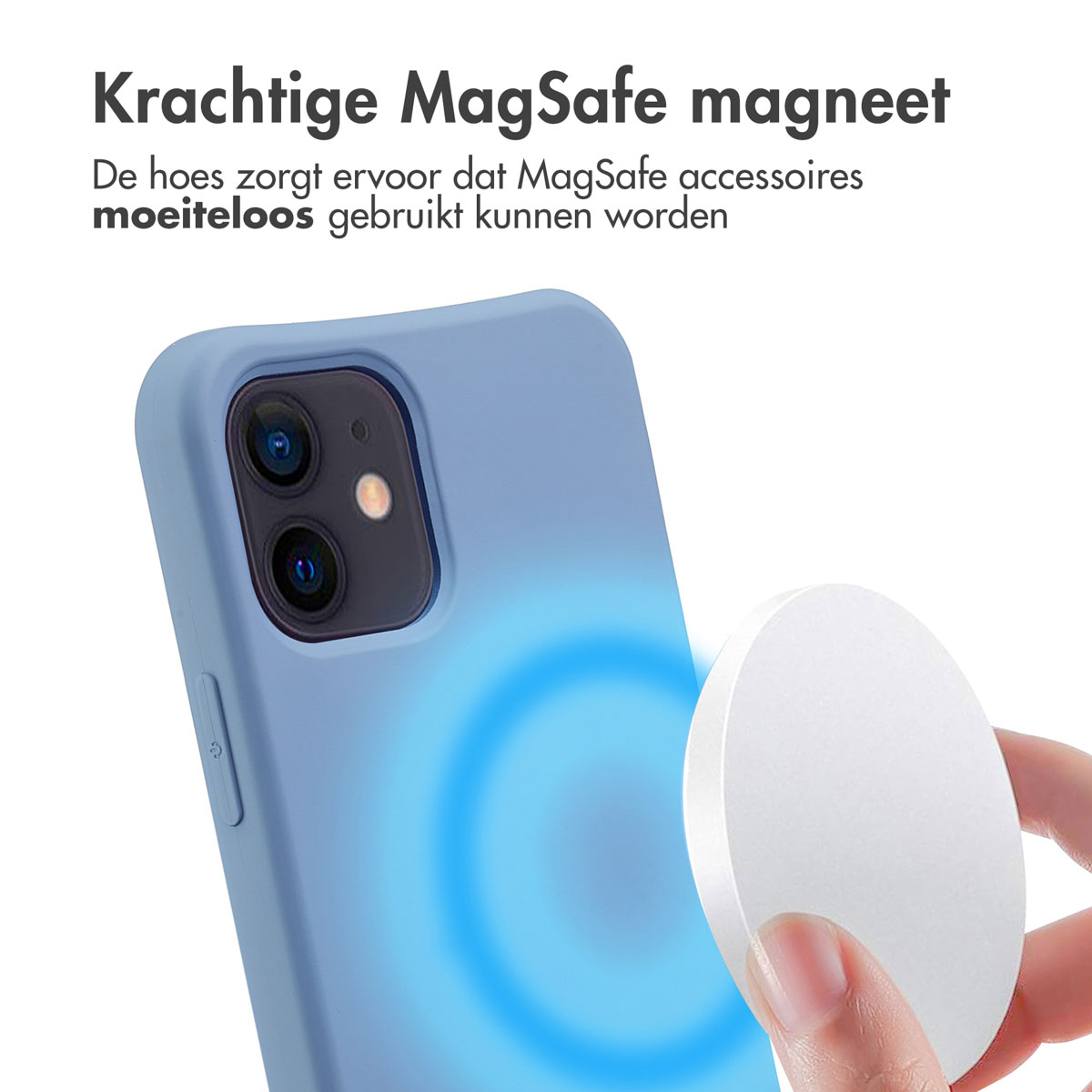 Een blauwe telefoonhoes met een telefoon erin. Een witte draadloze oplader is bevestigd. Tekst zegt dat de hoes MagSafe-accessoires toelaat.