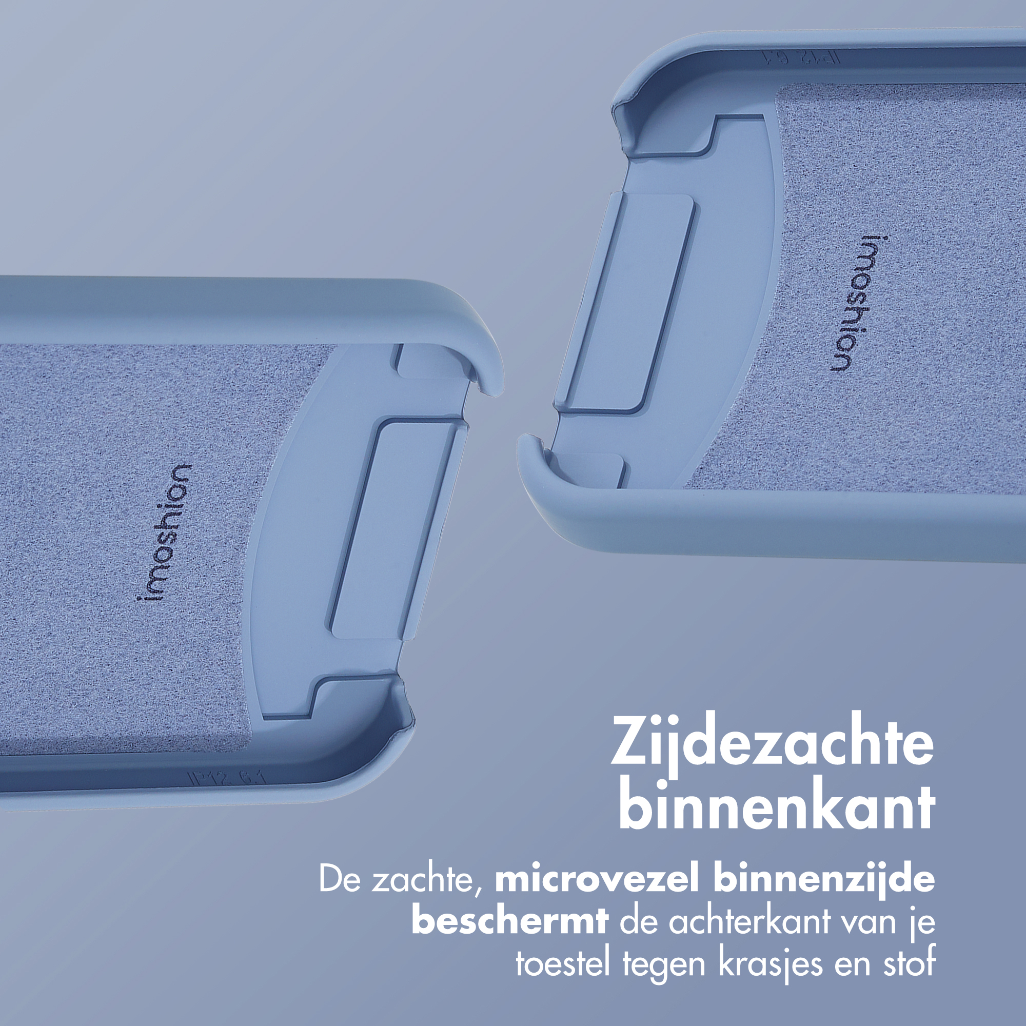 Twee telefoonhoesjeshelften open, met een zacht interieur. Tekst: 'Zachte binnenkant beschermt achterkant tegen krassen'.
