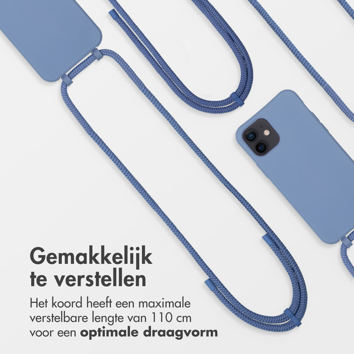 Blauw telefoonhoesje met blauw bandje. Tekst: Gemakkelijk aan te passen.