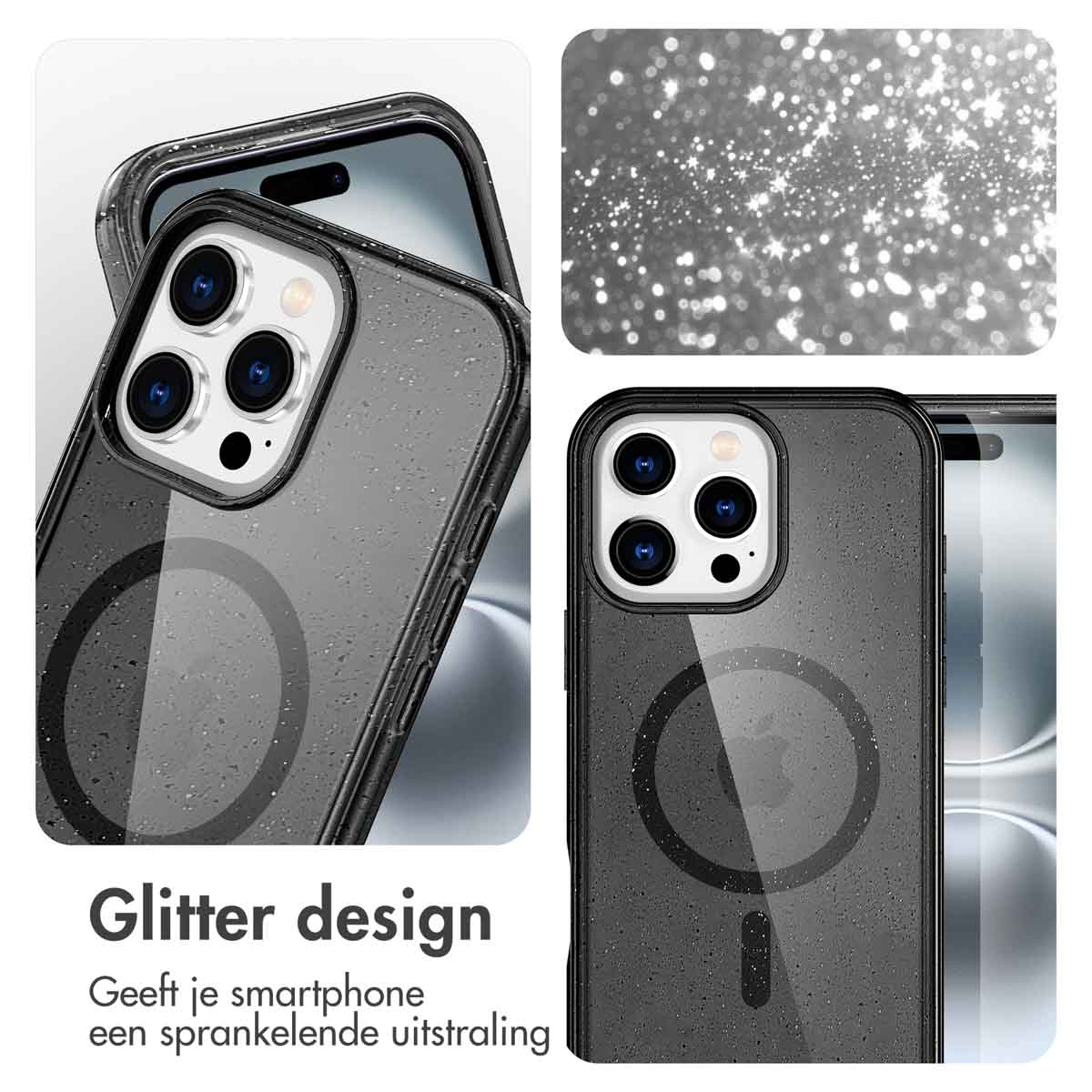 Zwarte telefoonhoes met glitterontwerp. De telefoonhoes heeft een transparante achterkant.