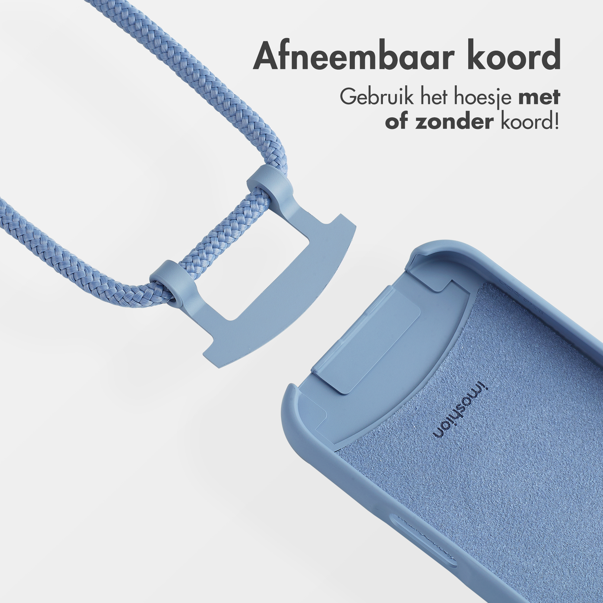 Lichtblauwe telefoonhoes met afneembaar koord. Tekst in het Nederlands.