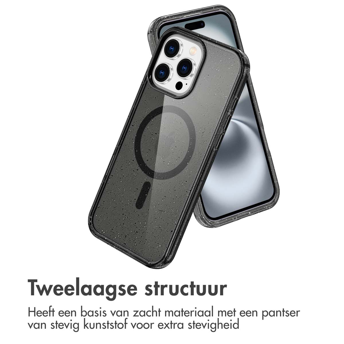 Transparante telefoonhoes met zwarte rand rond een telefoon, met een zwart stippenpatroon.