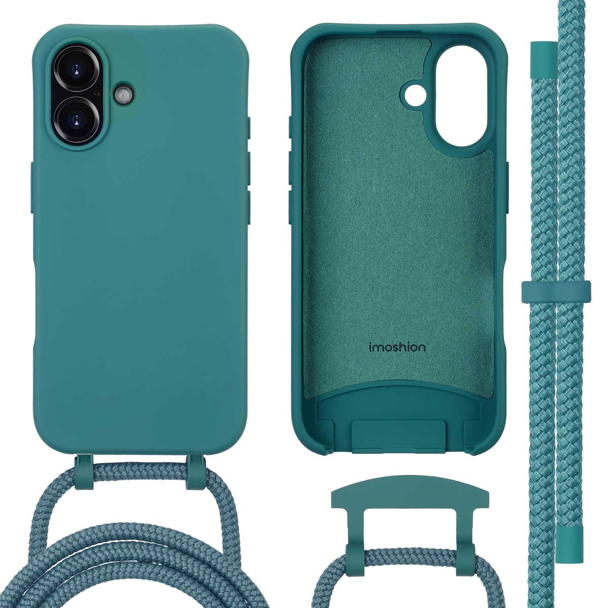 Blauwgroene telefoonhoes met een blauwgroen koord. Hoes heeft een ruwe textuur. imoshion branding binnen.